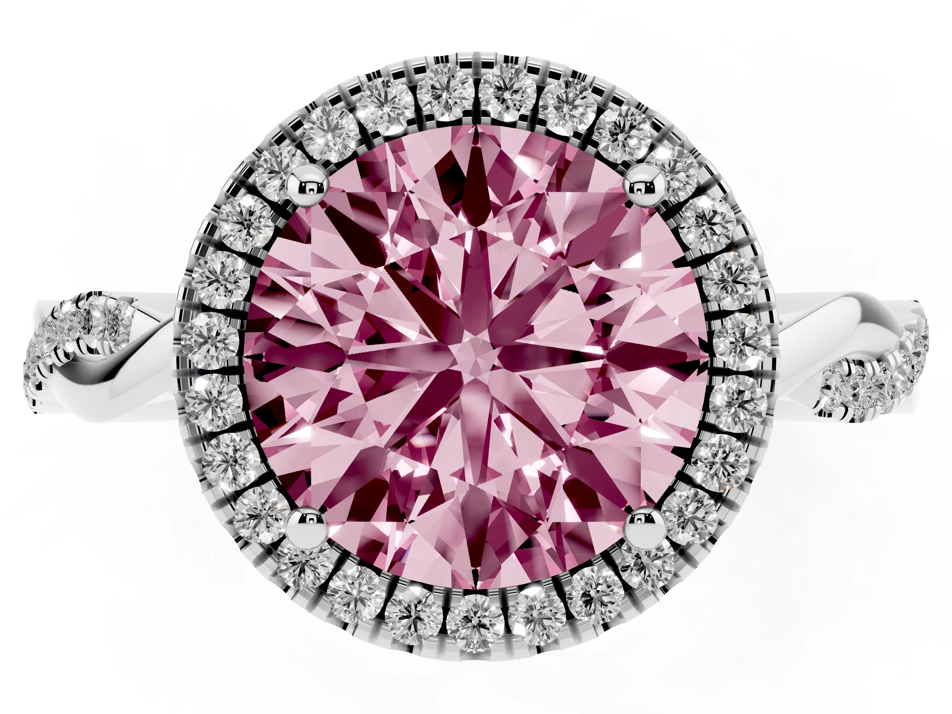 Fancy Pink Round Cut Diamond Halo Twisted Band Ring Set in Silver with Prong Setting