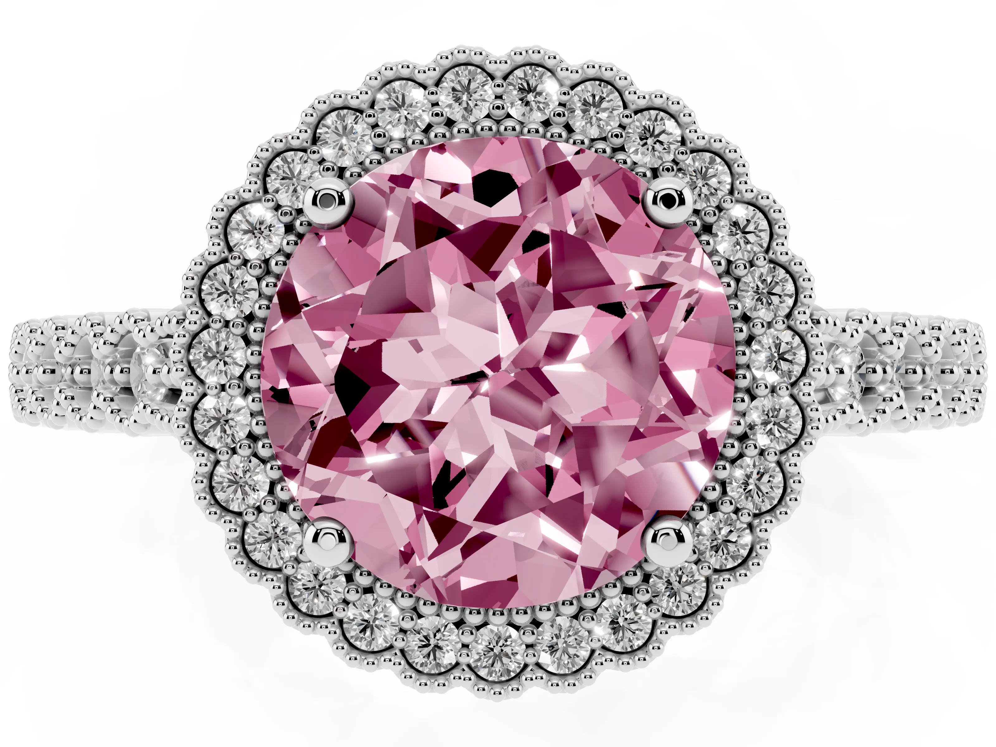 Fancy Pink Round Cut Diamond Halo Ring Set in Silver with Pavé Milgrain Band
