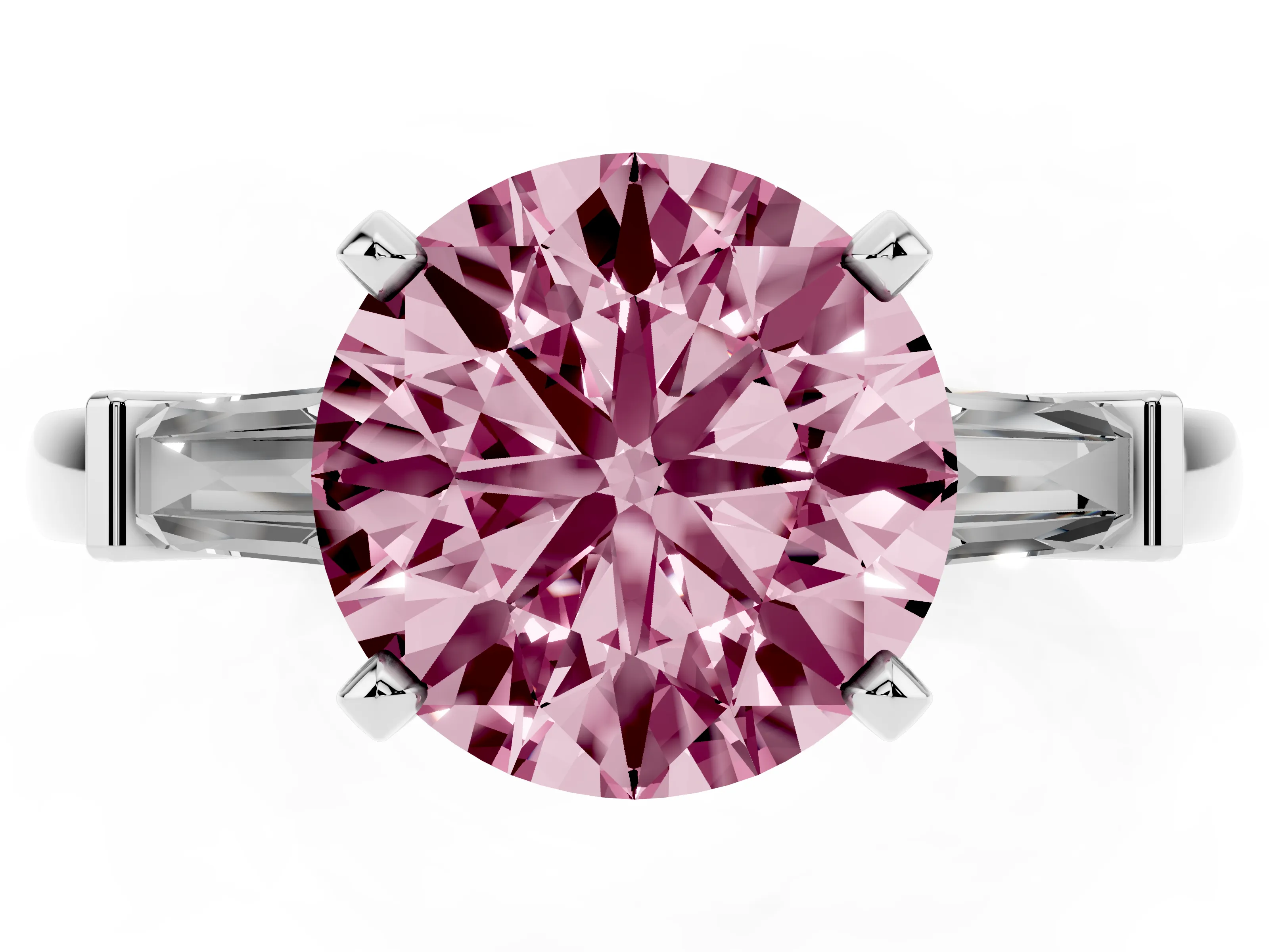 Fancy Pink Round Cut Diamond Solitaire Ring Set in Silver with Tapered Baguette Accents and Prong Setting