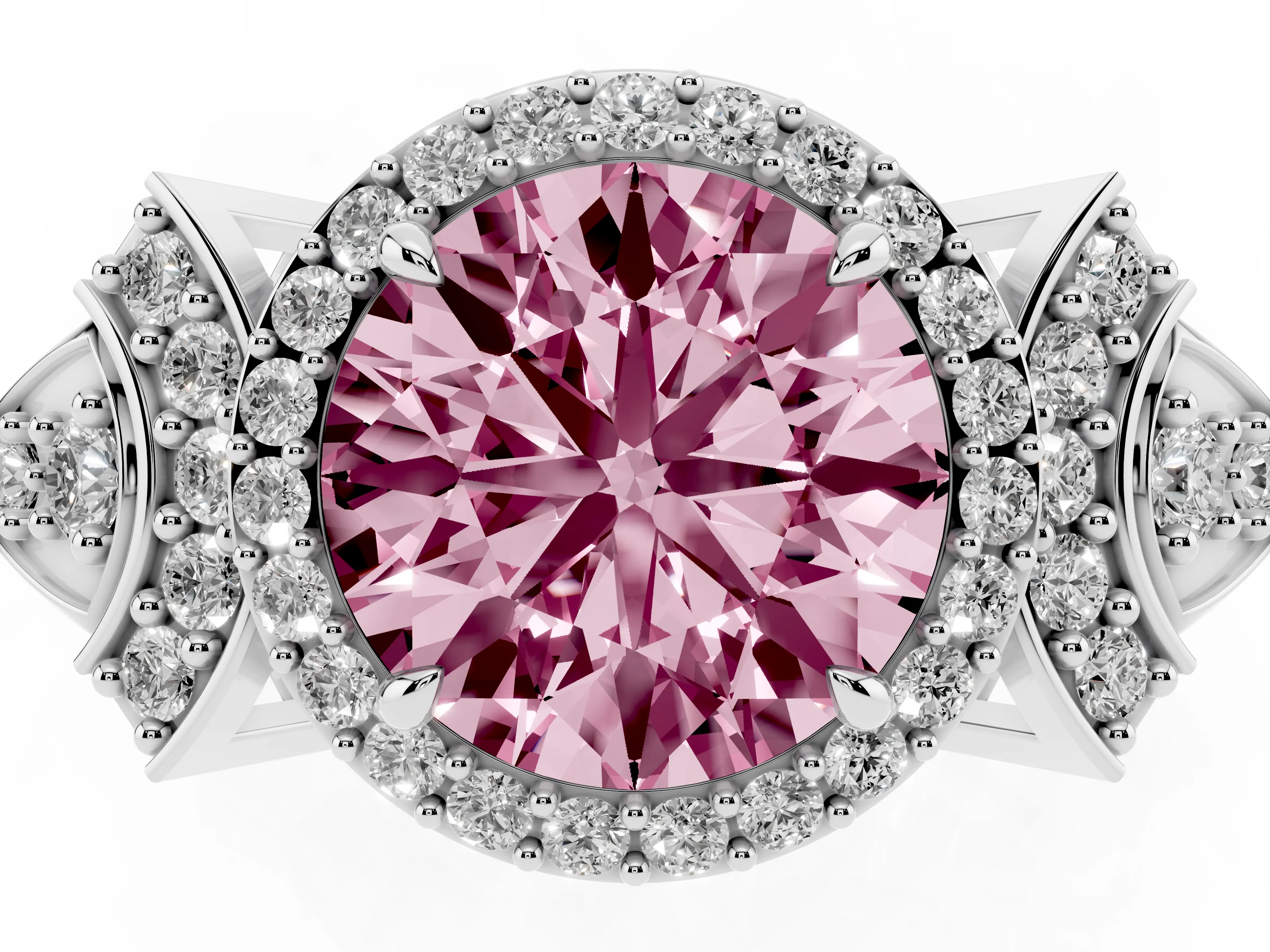 Fancy Pink Round Cut Diamond Halo Engagement Ring Set in Silver with Accent Stone Split Shank