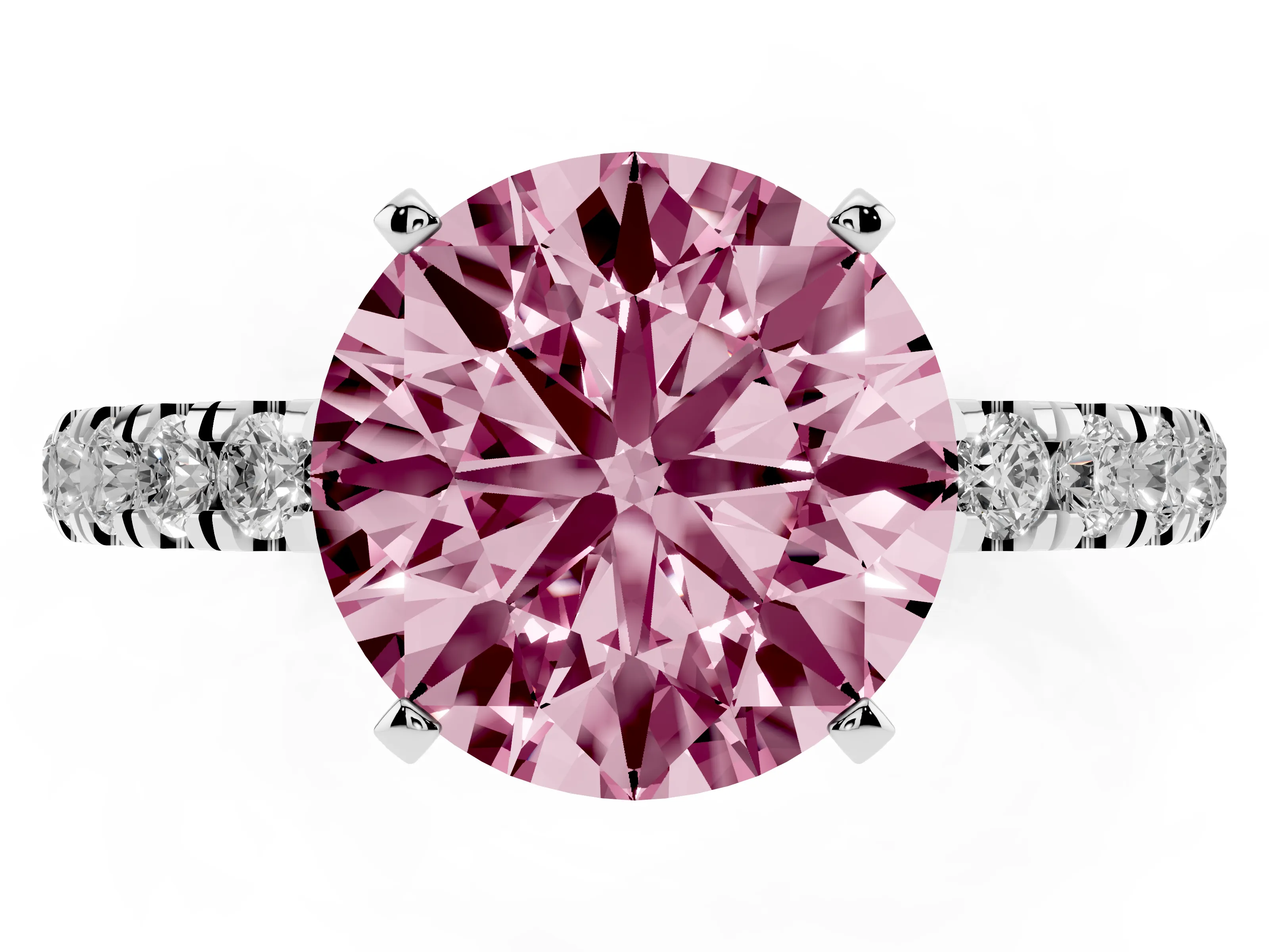 Fancy Pink Round Cut Diamond Solitaire Ring Set in Platinum with Pavé Accents and Prong Setting