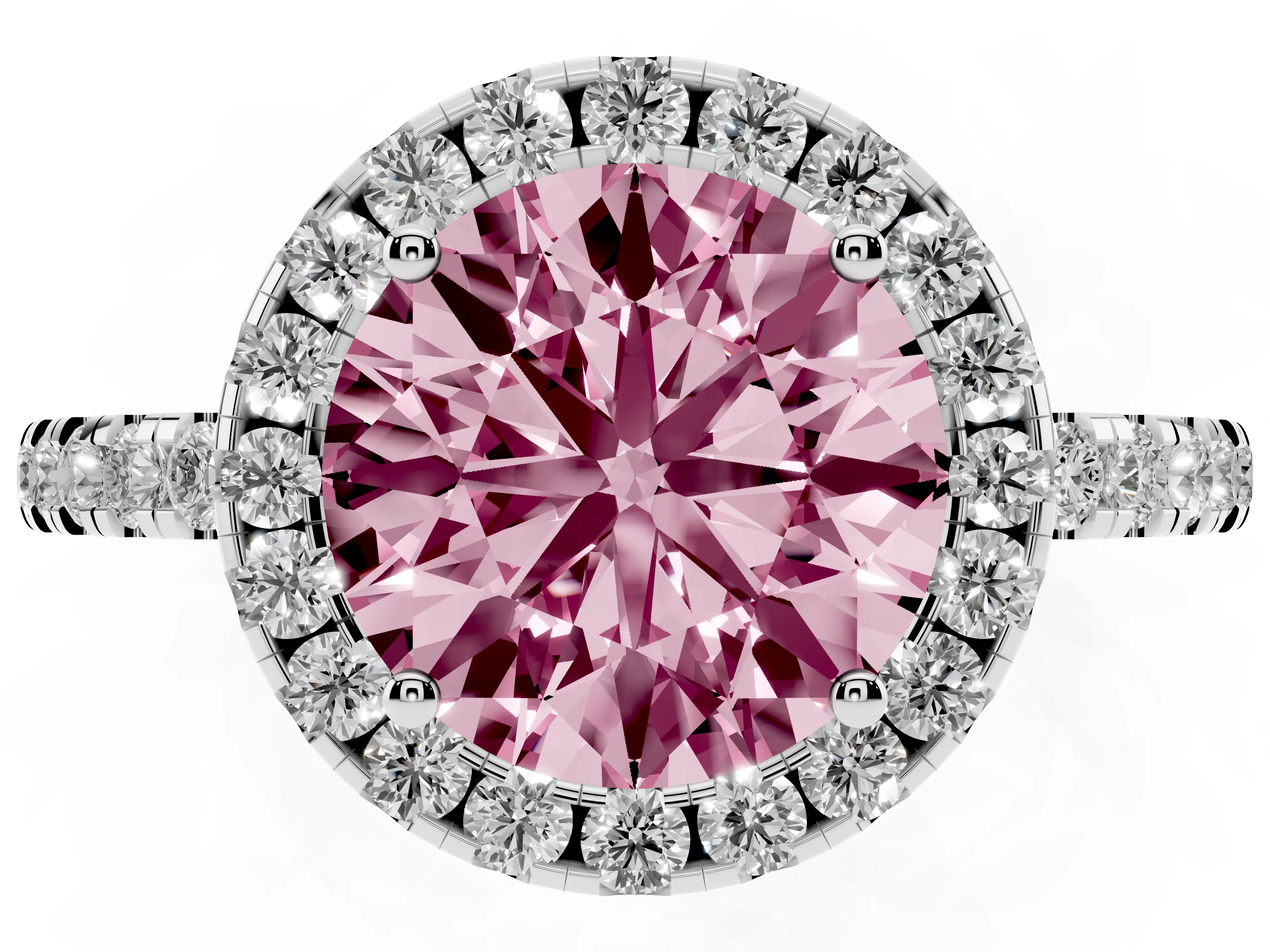 Fancy Pink Round Cut Diamond Pavé Band Halo Engagement Ring Set in Silver with Prong Setting