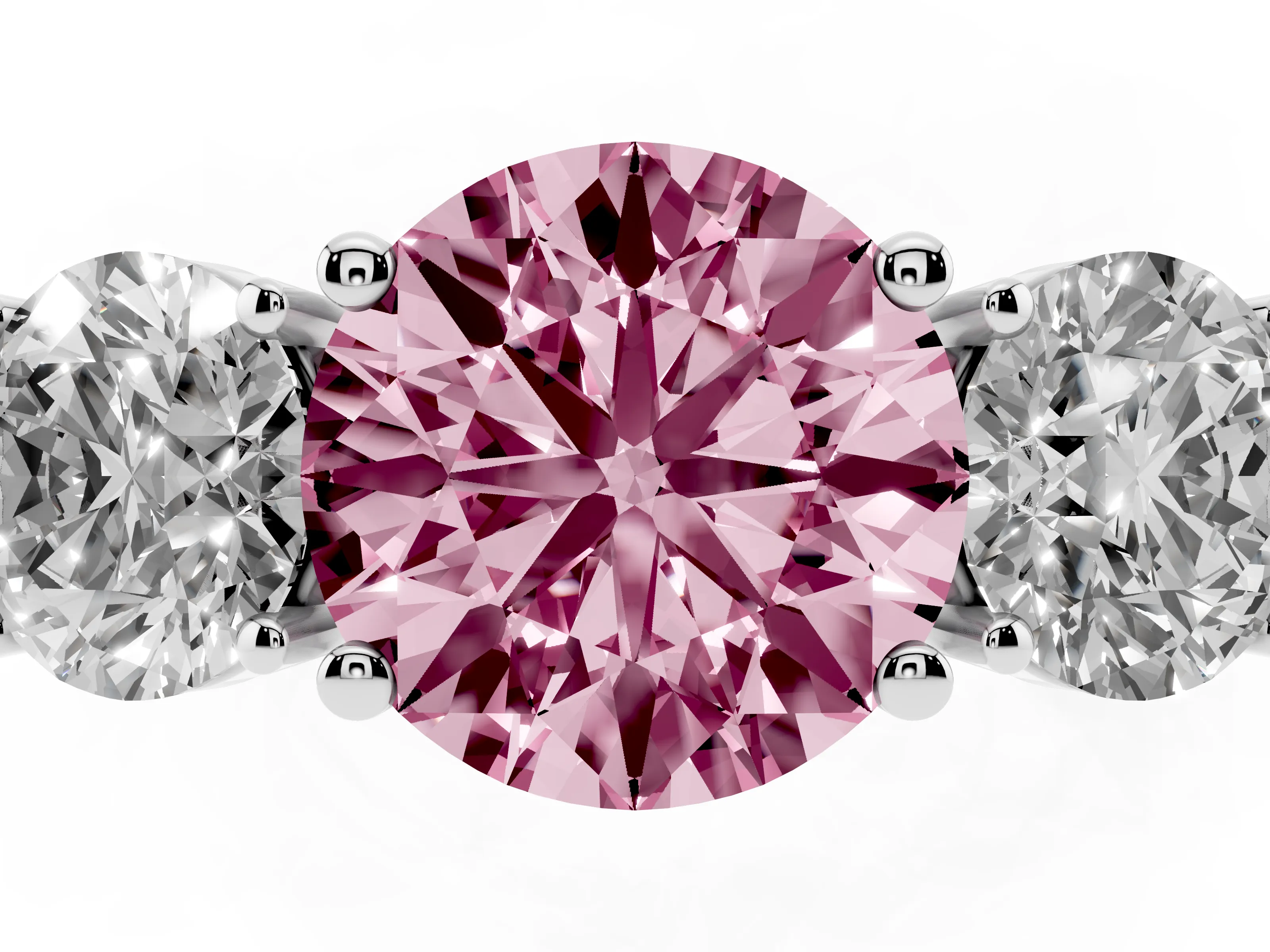 Fancy Pink Round Cut Diamond Three-Stone Engagement Ring Set in Platinum with Flat Band