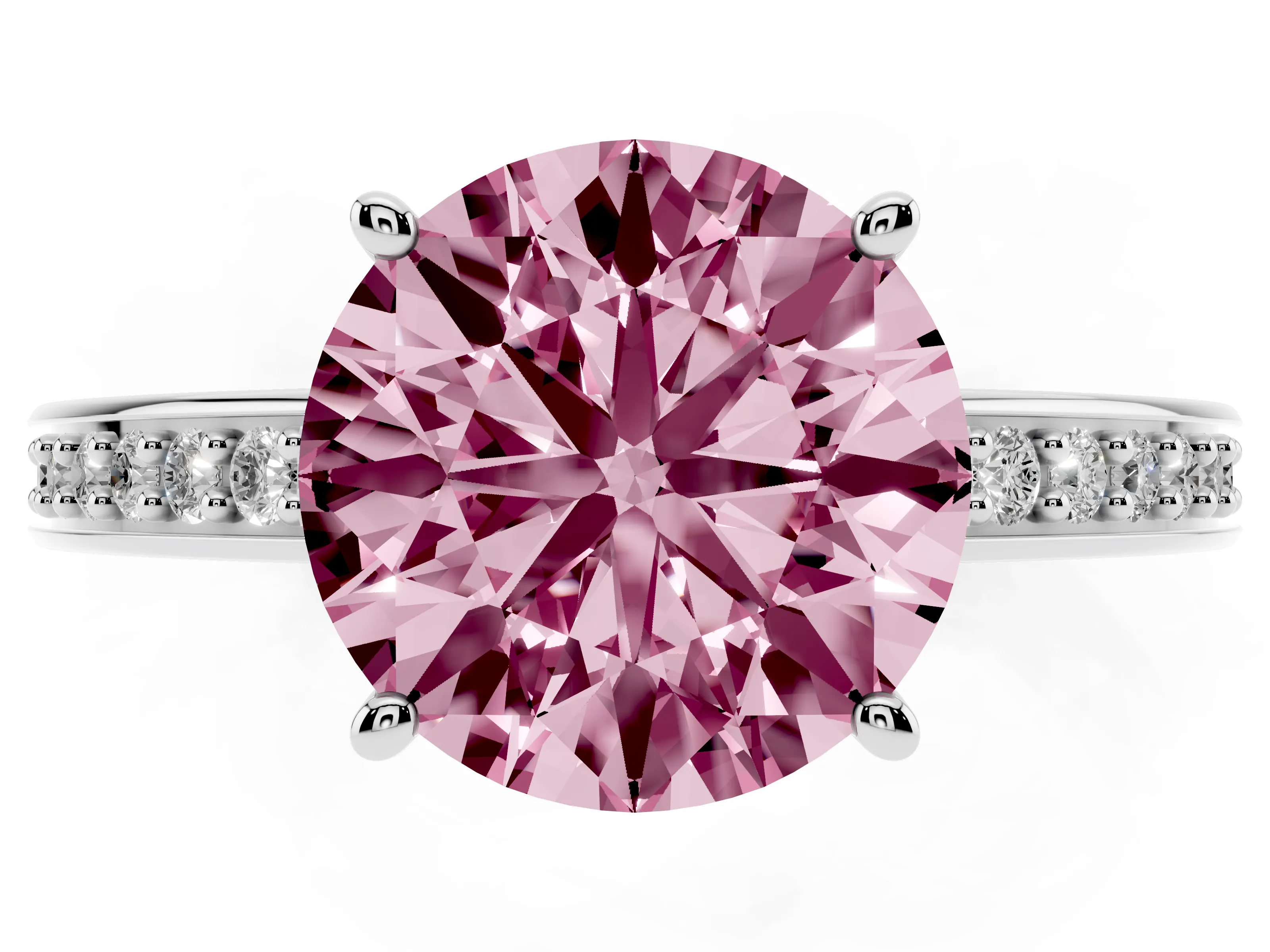 Fancy Pink Round Cut Diamond Pavé Band Prong Set Solitaire Ring Set in Silver