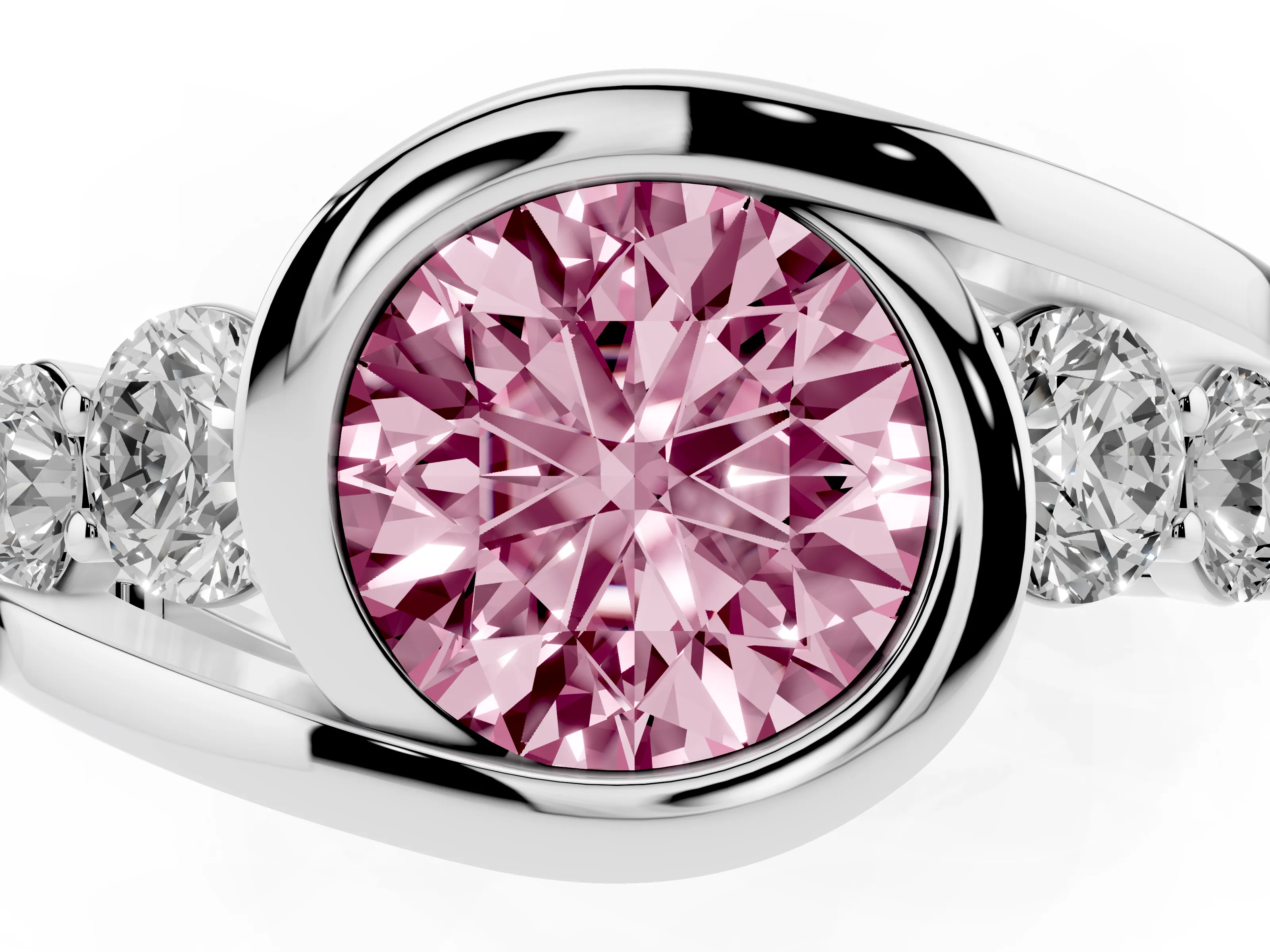 Fancy Pink Round Cut Diamond Bezel Bypass Ring Set in Silver with Round Accents
