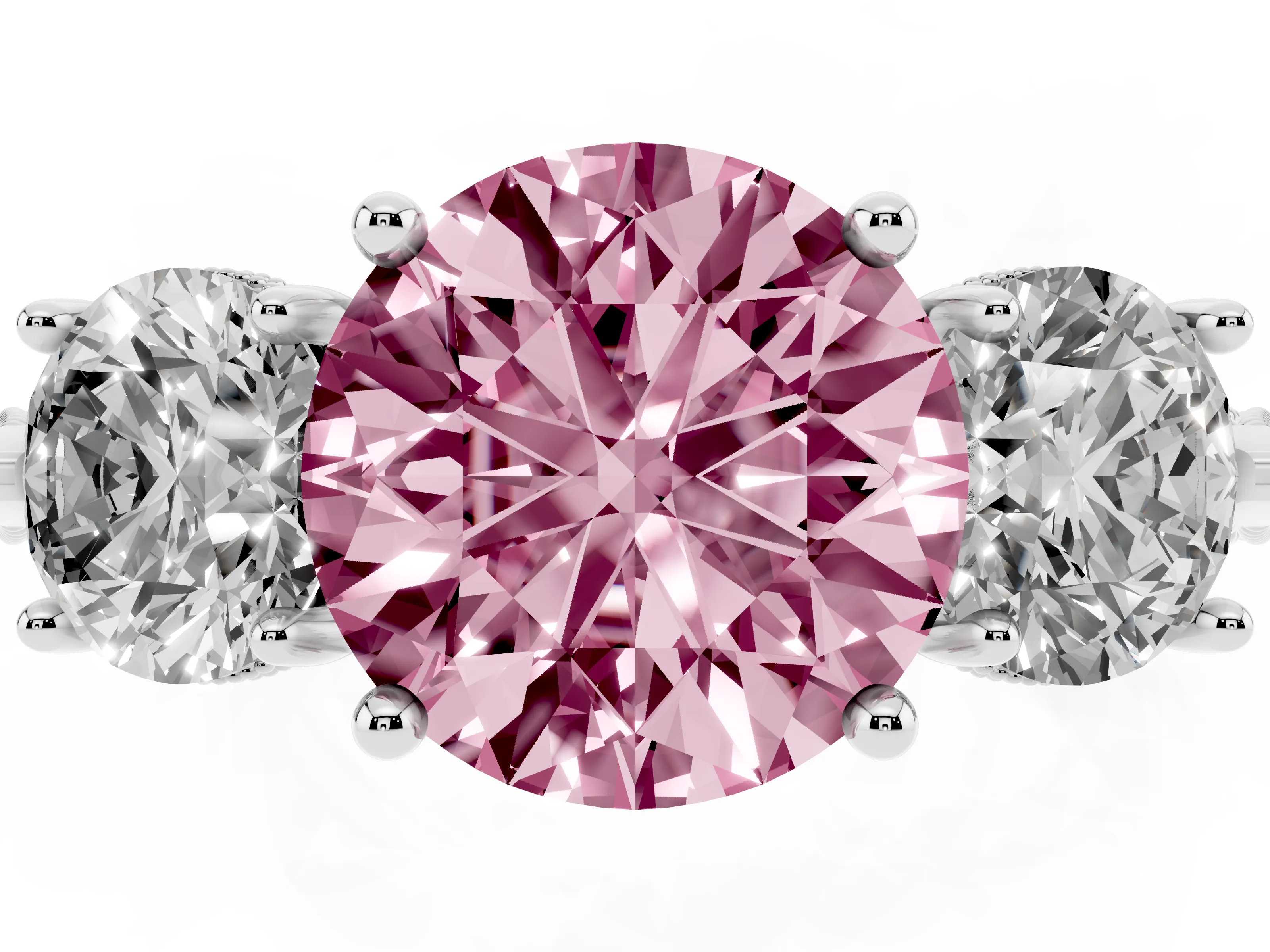 Fancy Pink Round Cut Diamond Three-Stone Ring Set in Platinum with Milgrain Band