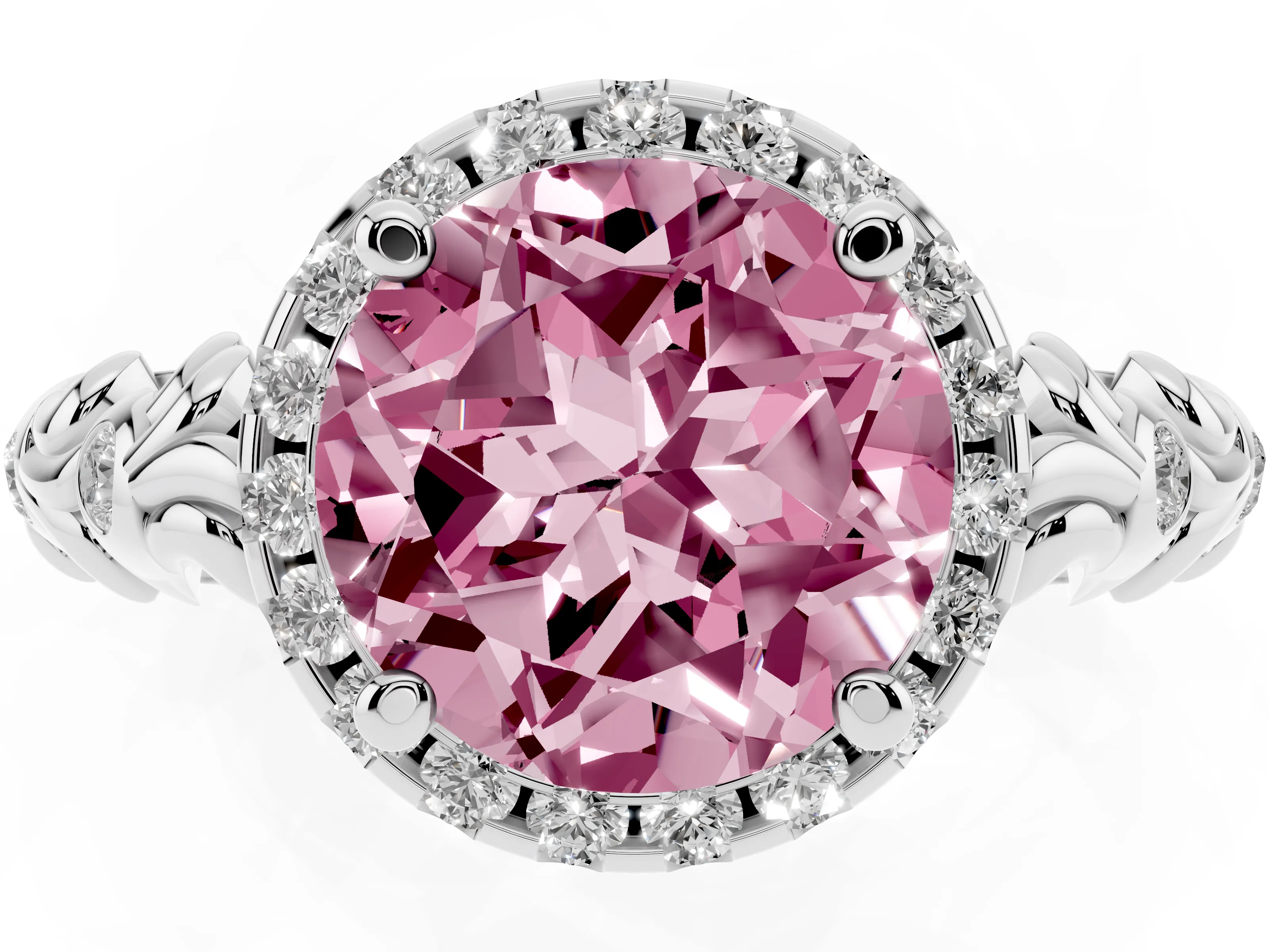 Fancy Pink Round Cut Diamond Halo Ring Set in Platinum with Filigree Leaf Band and Prong Setting