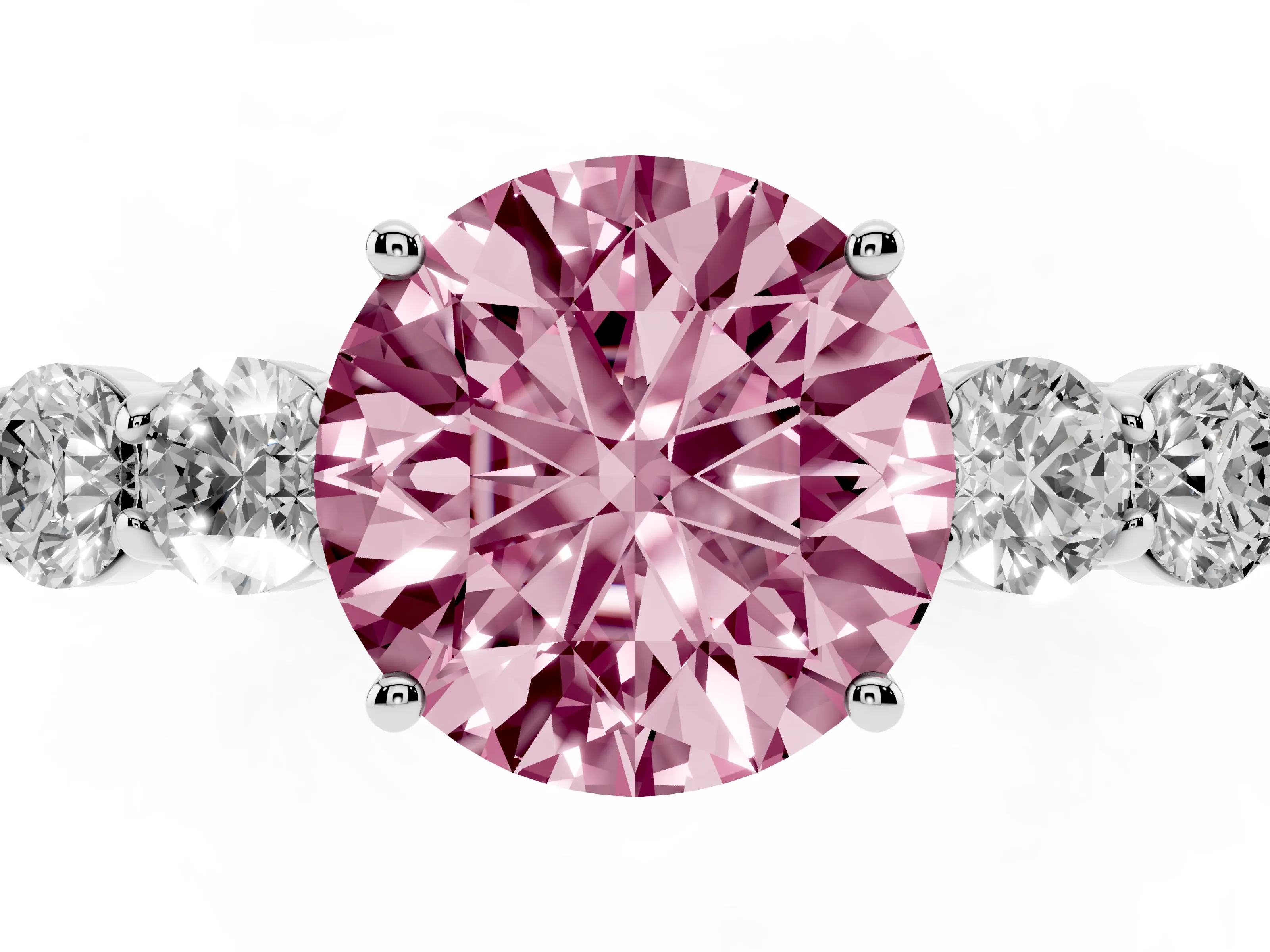 Fancy Pink Round Cut Diamond Five-Stone Prong Set Band Ring Set in Silver with Polished Band