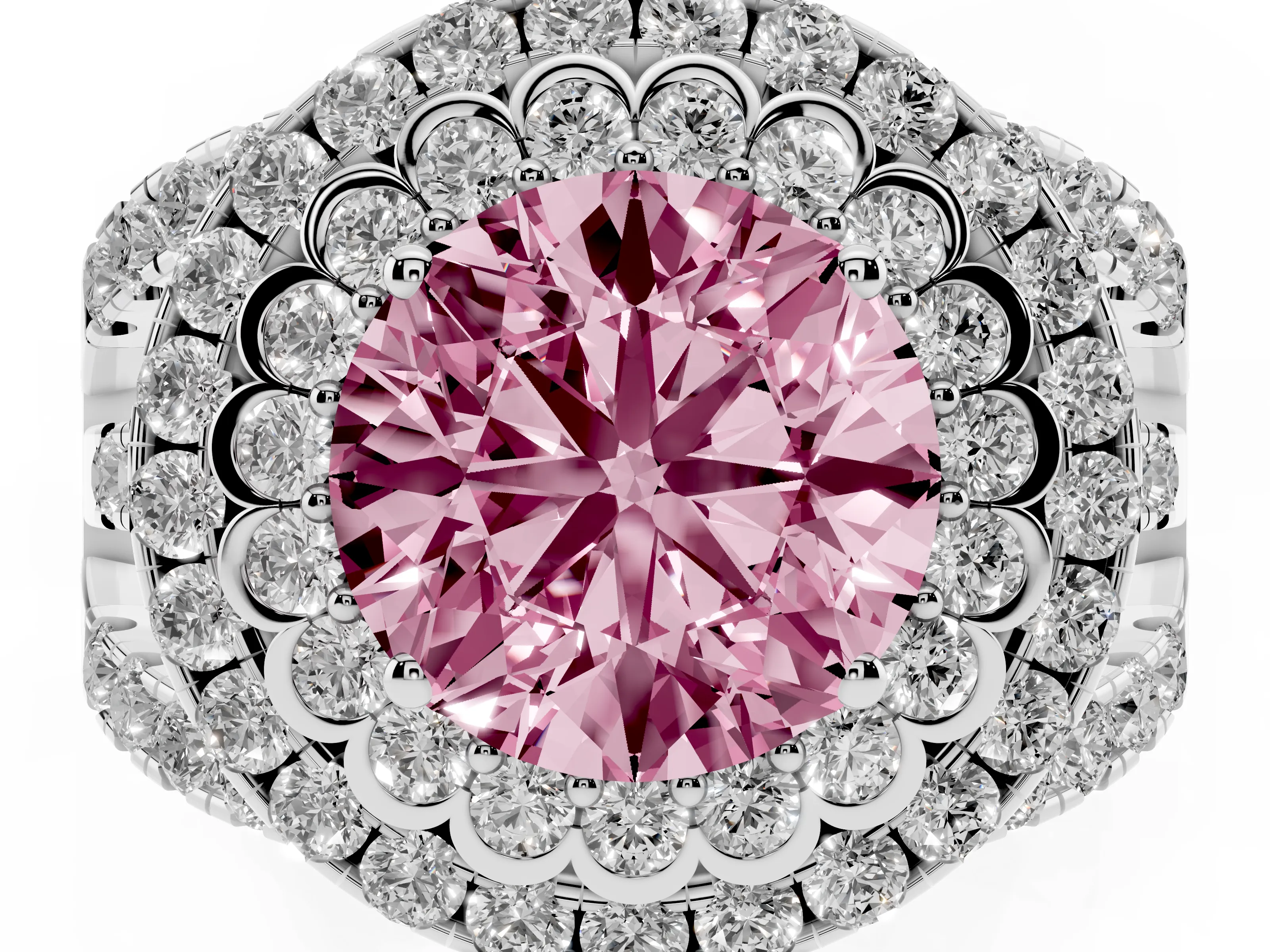 Fancy Pink Round Cut Diamond Double Halo Ring Set in White gold with Round Pavé Split Shank