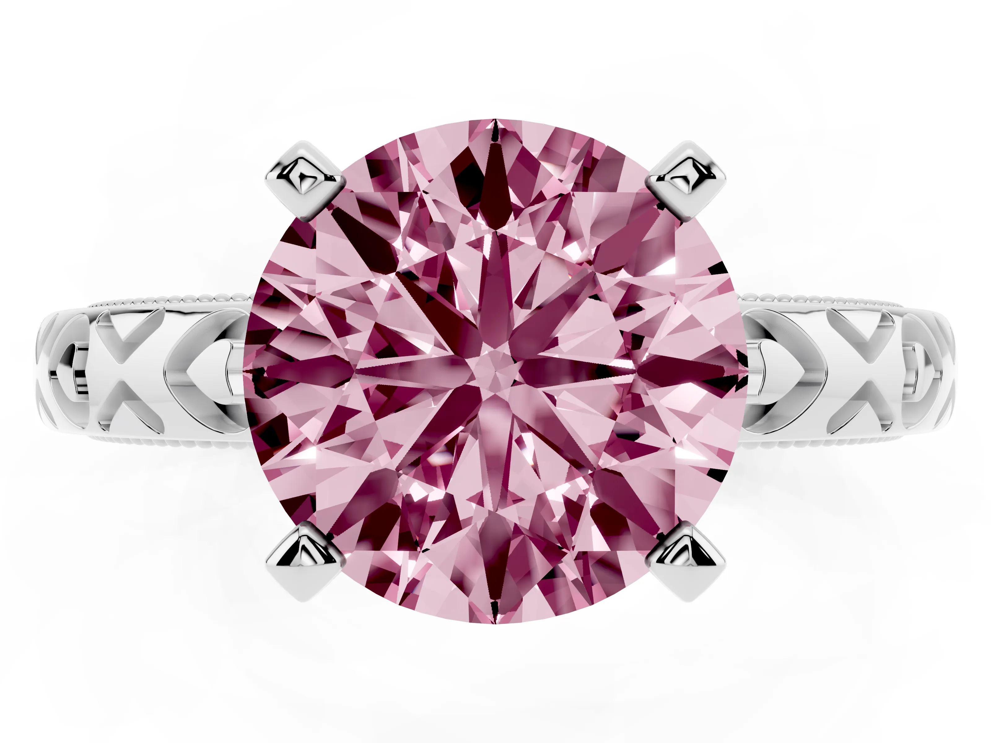 Fancy Pink Round Cut Diamond Solitaire Engagement Ring Set in White gold with XO Engraved Band and Prong Setting