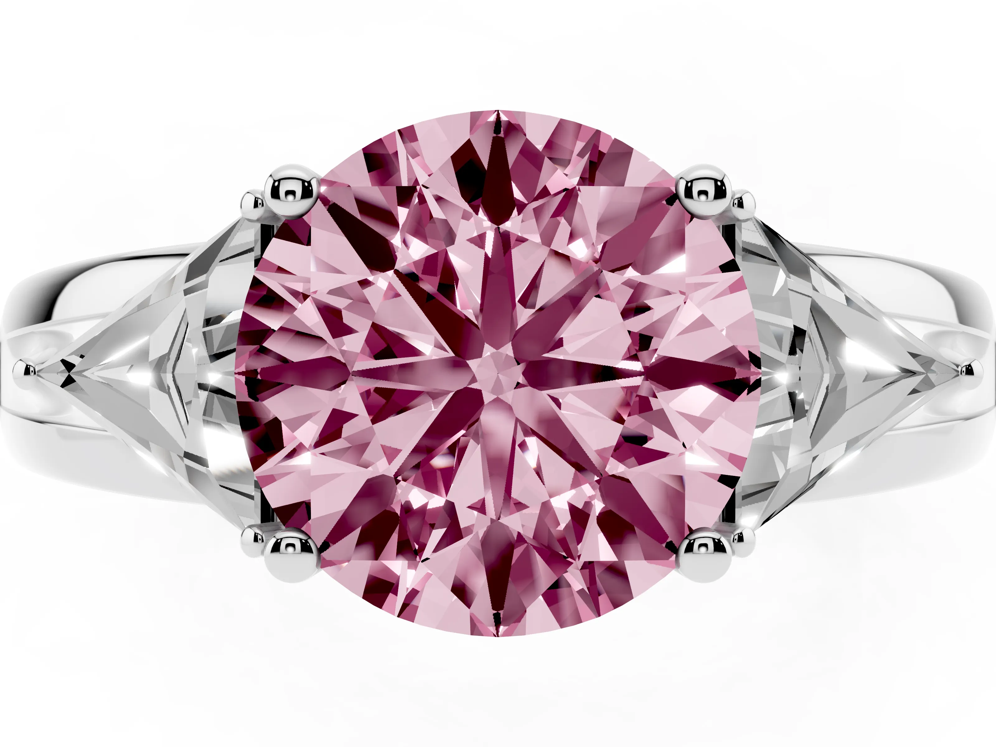 Fancy Pink Round Cut Diamond Three-Stone Ring Set in Silver with Trillion Side Stones and Split Shank