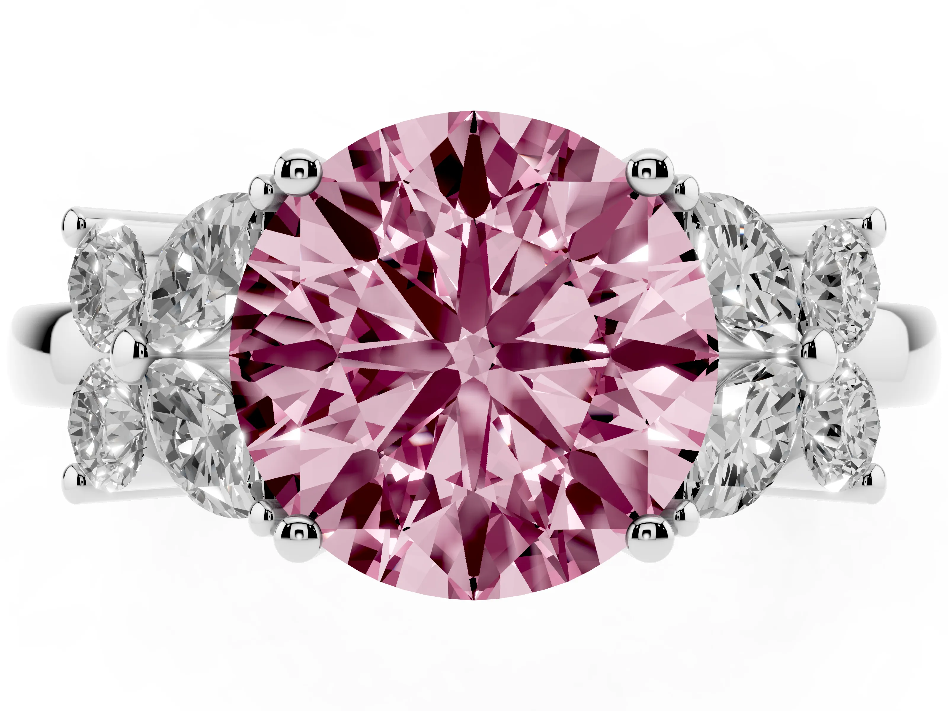 Fancy Pink Round Cut Diamond Floral Cluster Ring Set in Platinum with Marquise Petals and Prong Setting