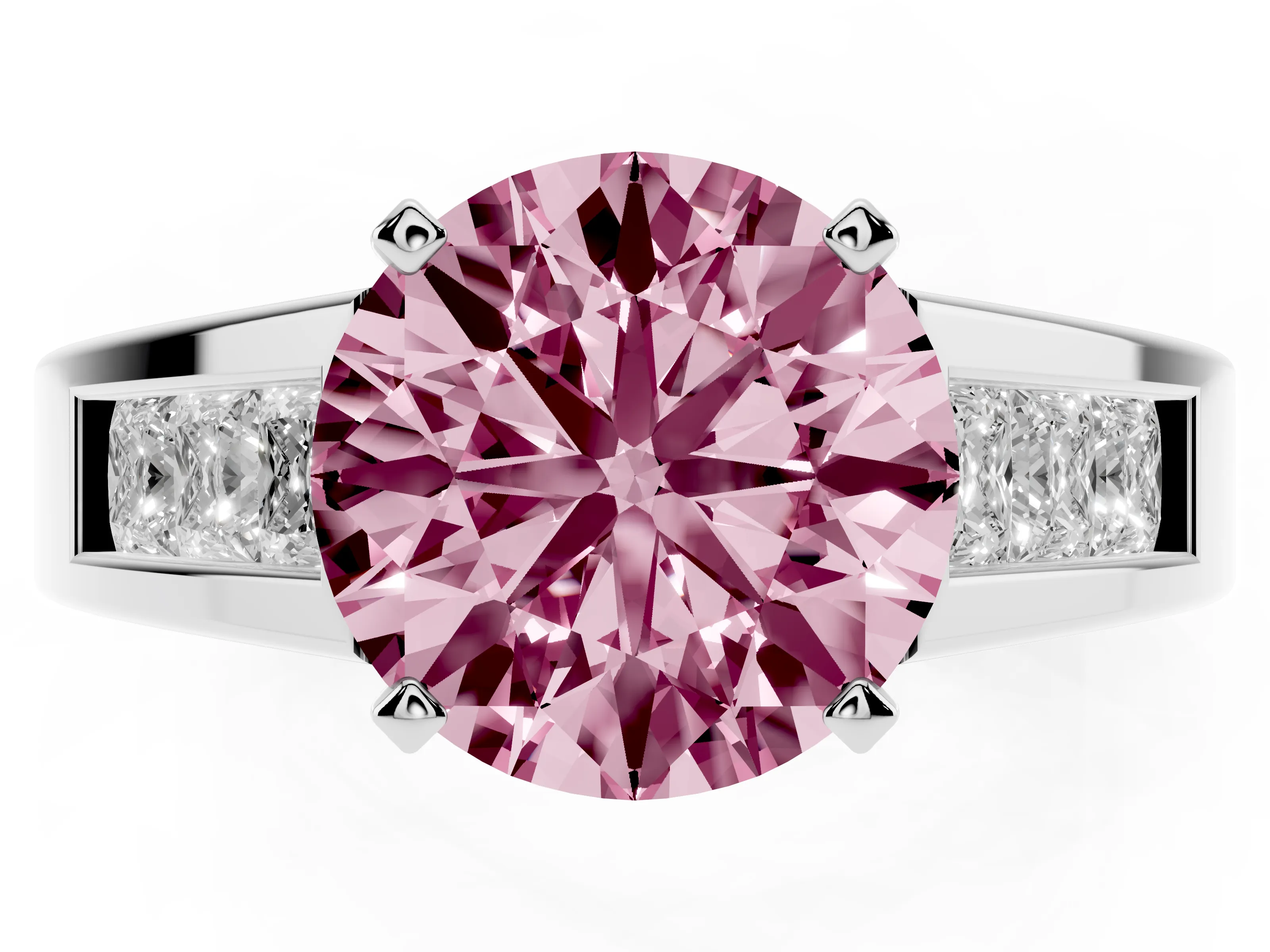 Fancy Pink Round Cut Diamond Solitaire Ring Set in Silver with Channel-Set Accent Stones and Prong Setting