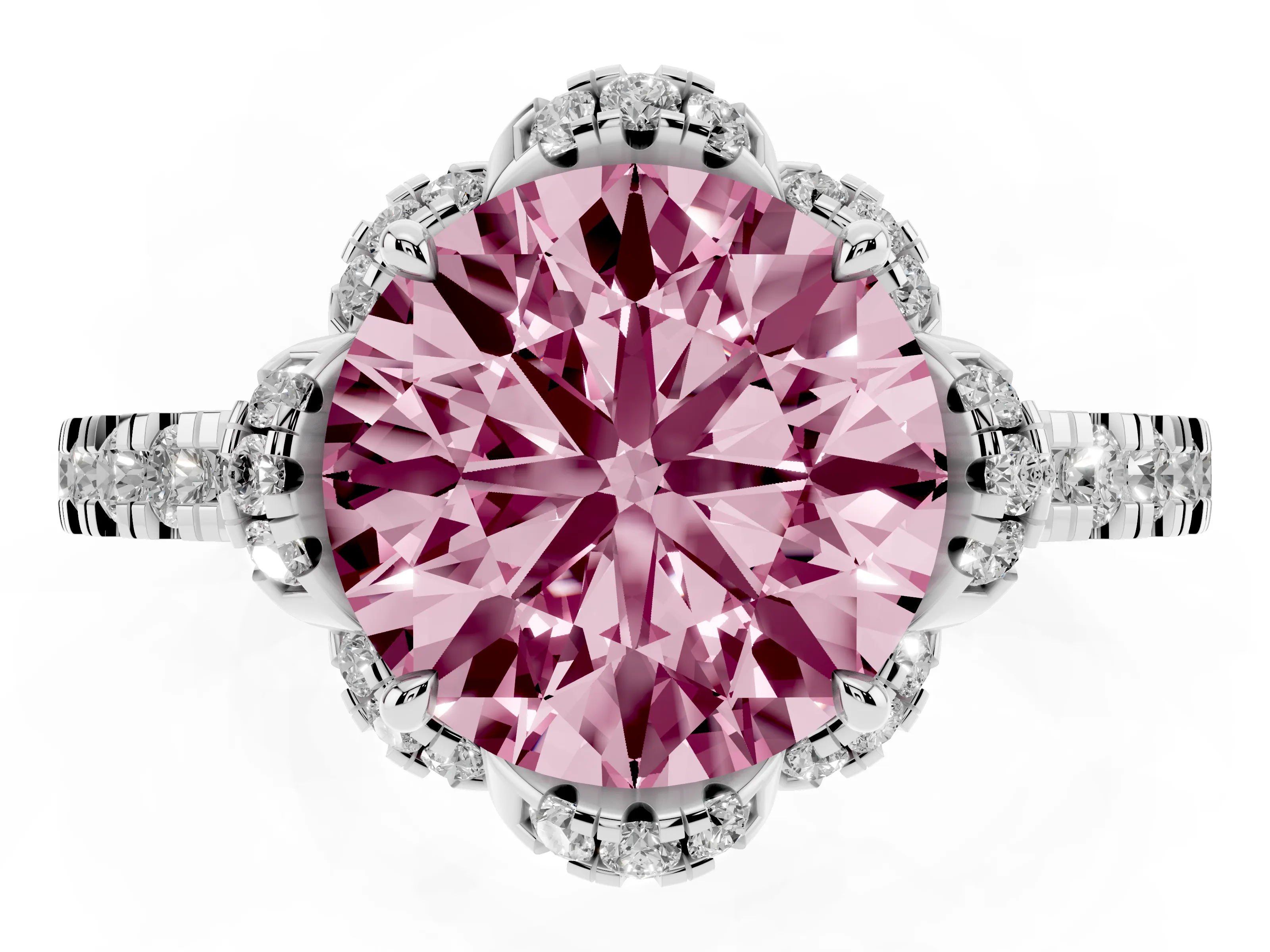 Fancy Pink Round Cut Diamond Halo Pavé Band Ring Set in Platinum with Prong-Held Center