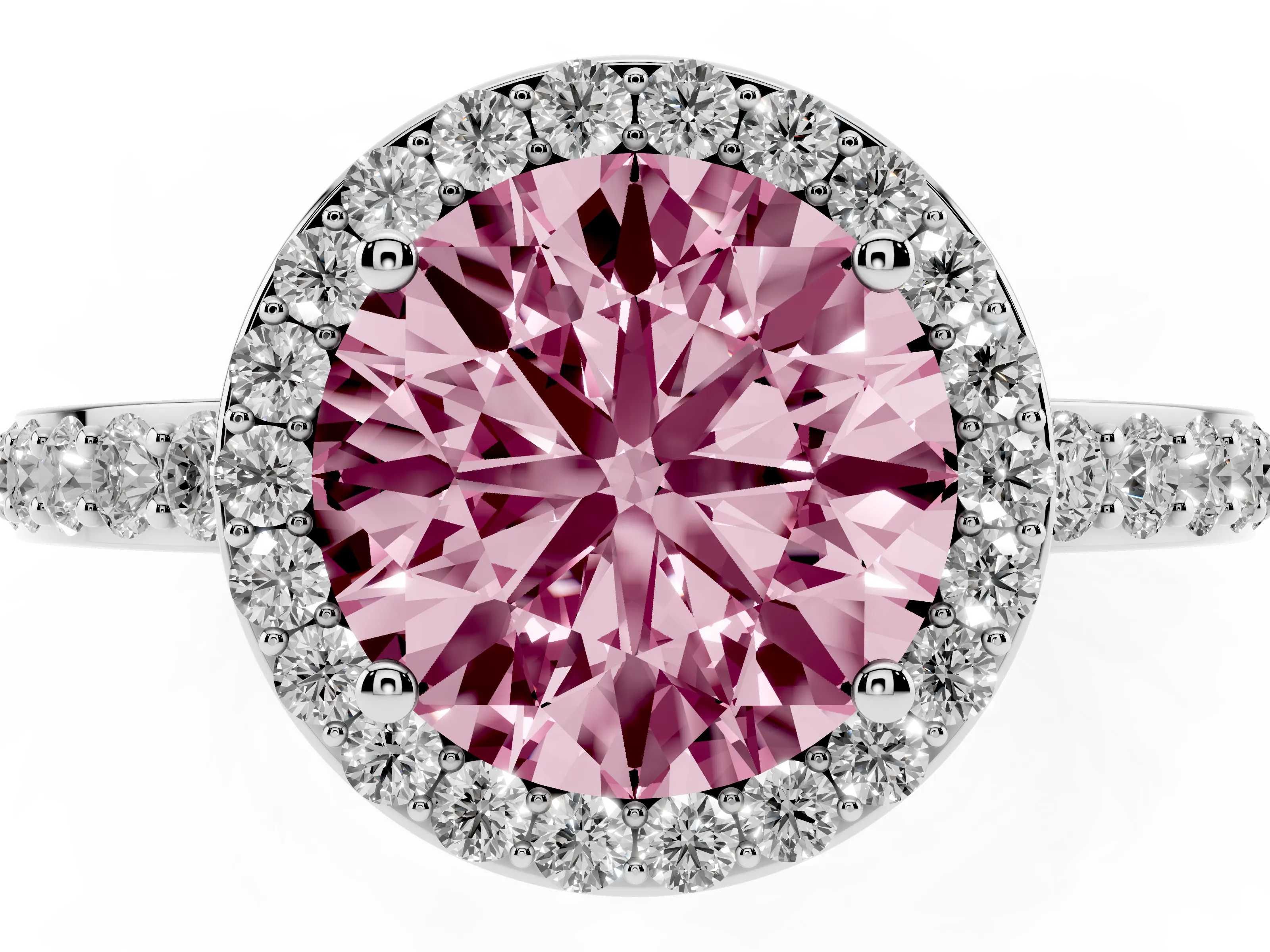 Fancy Pink Round Cut Diamond Halo Ring Set in White gold with Pavé-Setting Band and Open Prong Center
