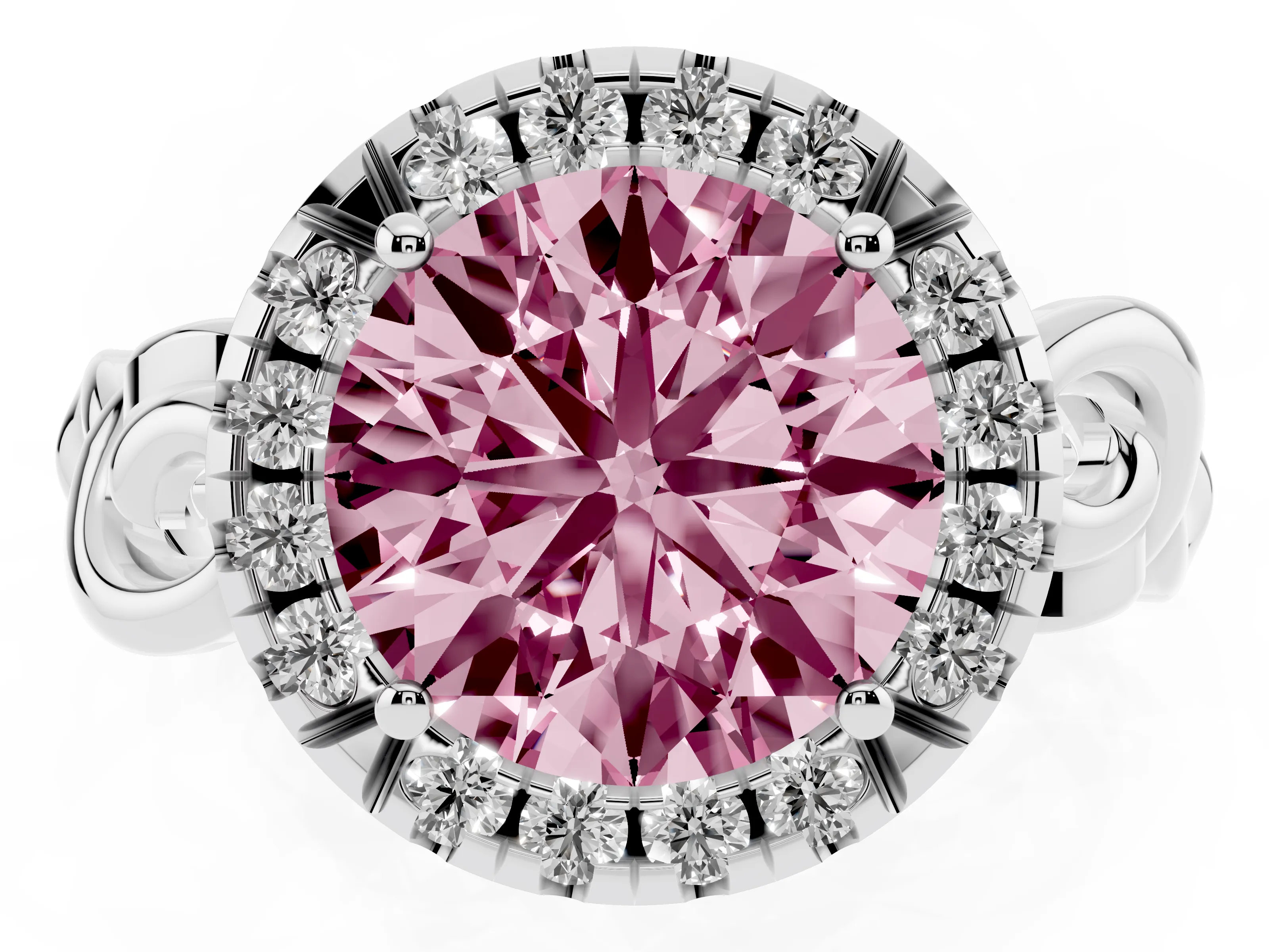 Fancy Pink Round Cut Diamond Halo Ring Set in Platinum with Scrollwork Band and Prong Setting