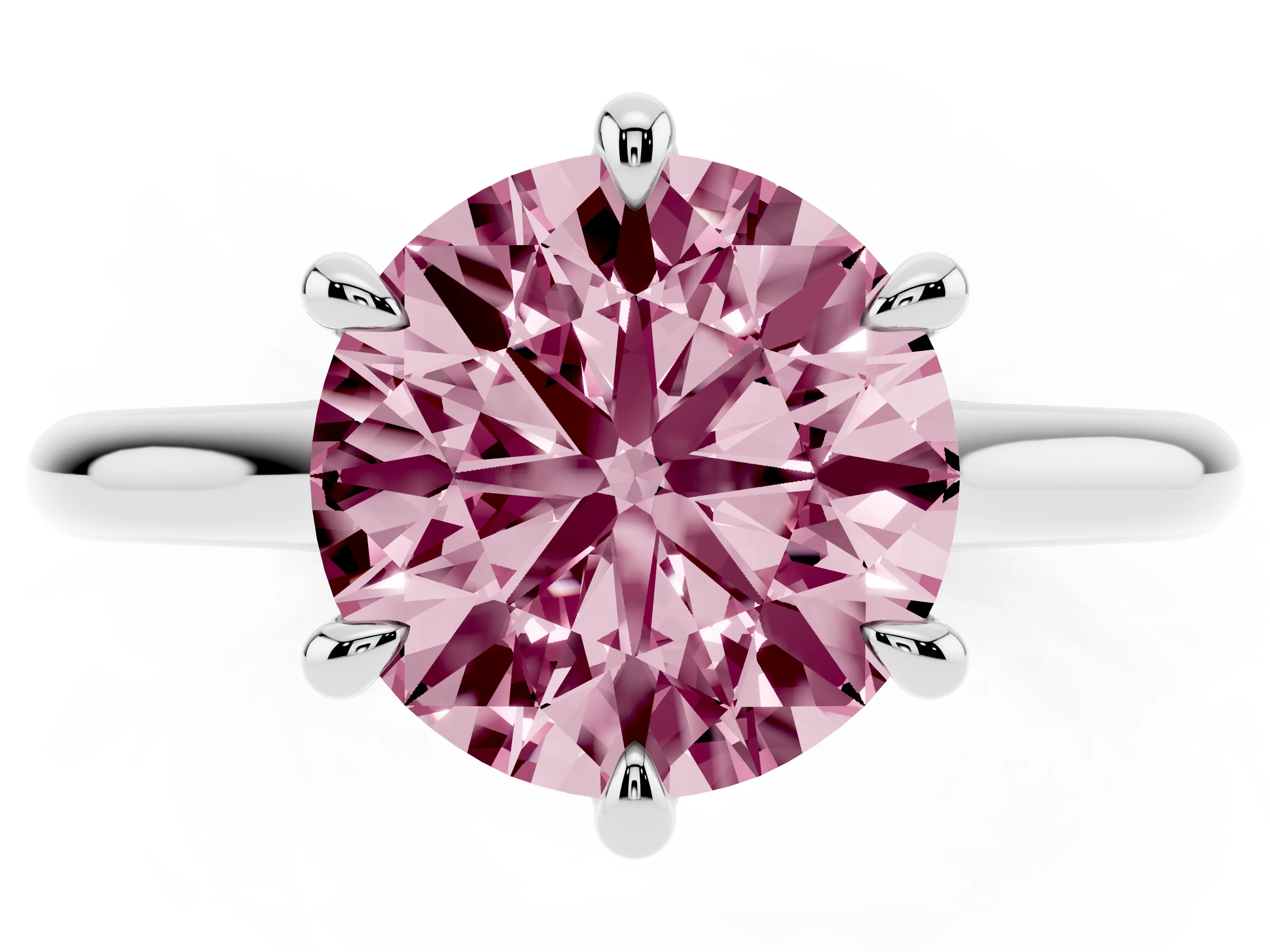 Fancy Pink Round Cut Diamond Solitaire Engagement Ring Set in Platinum with Prong Setting and Plain Classic Band