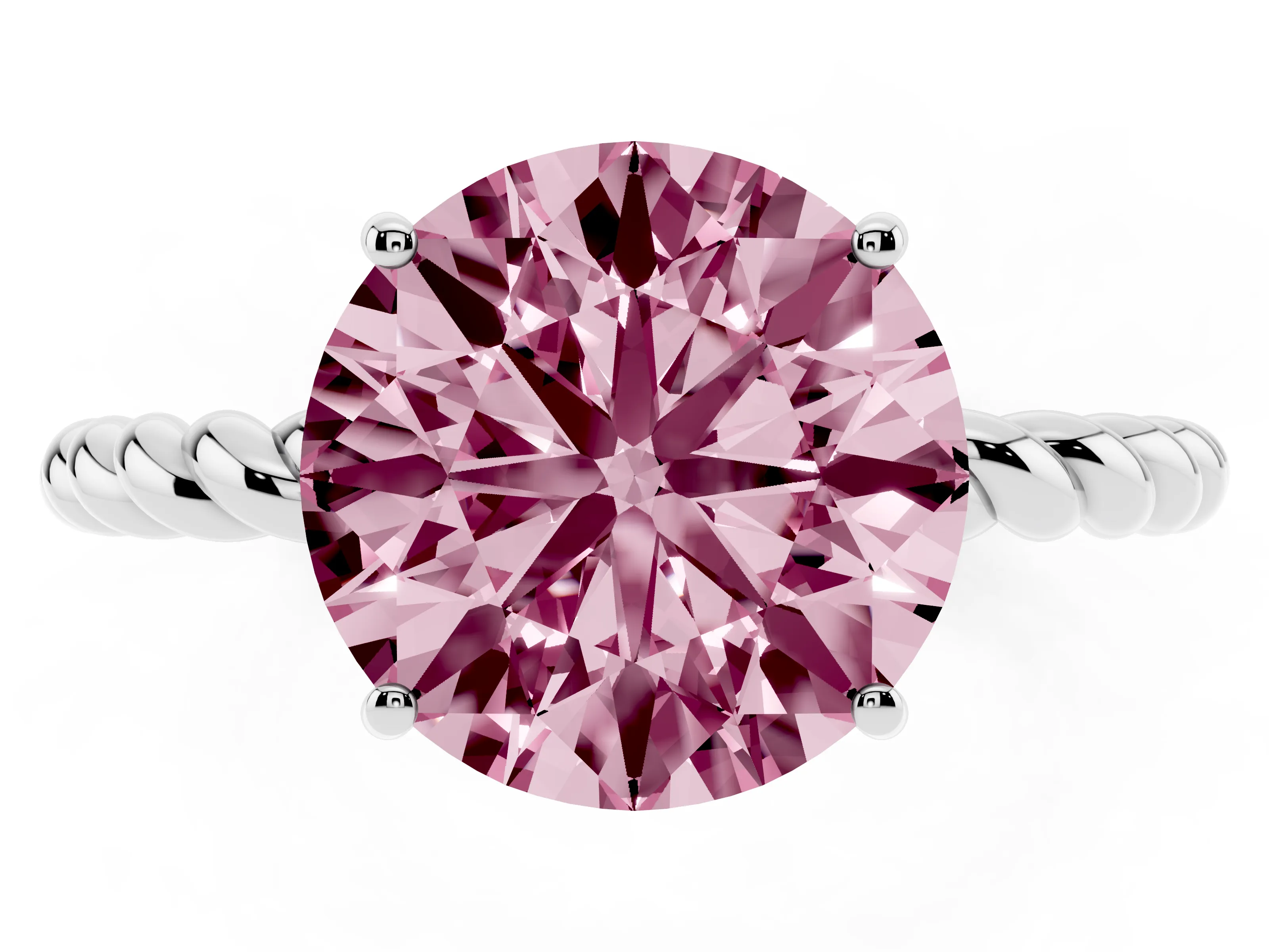 Fancy Pink Round Cut Diamond Solitaire Ring Set in Platinum with Twist Band and Prong Setting
