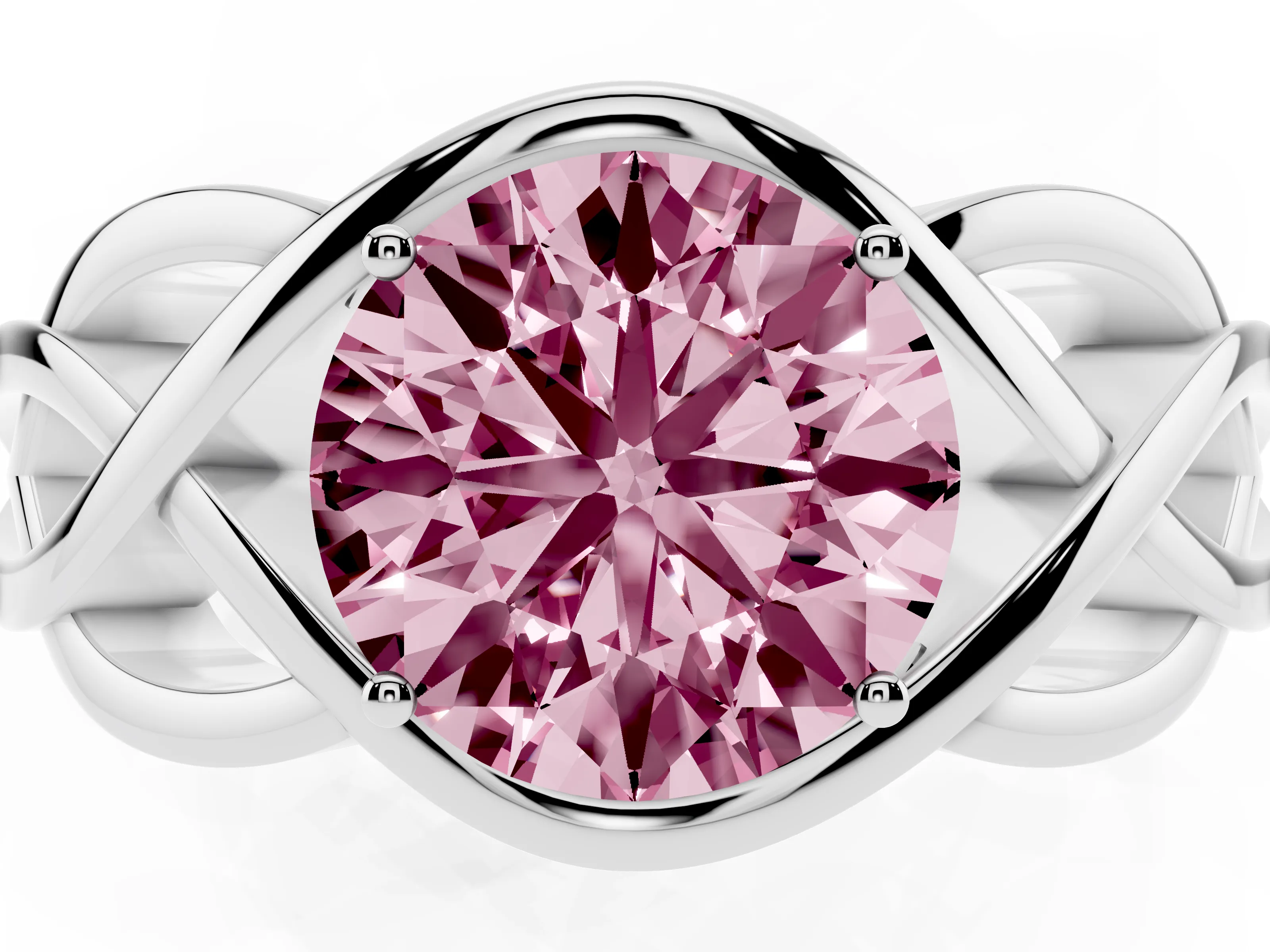 Fancy Pink Round Cut Diamond Solitaire Ring Set in Platinum with Intertwined Band