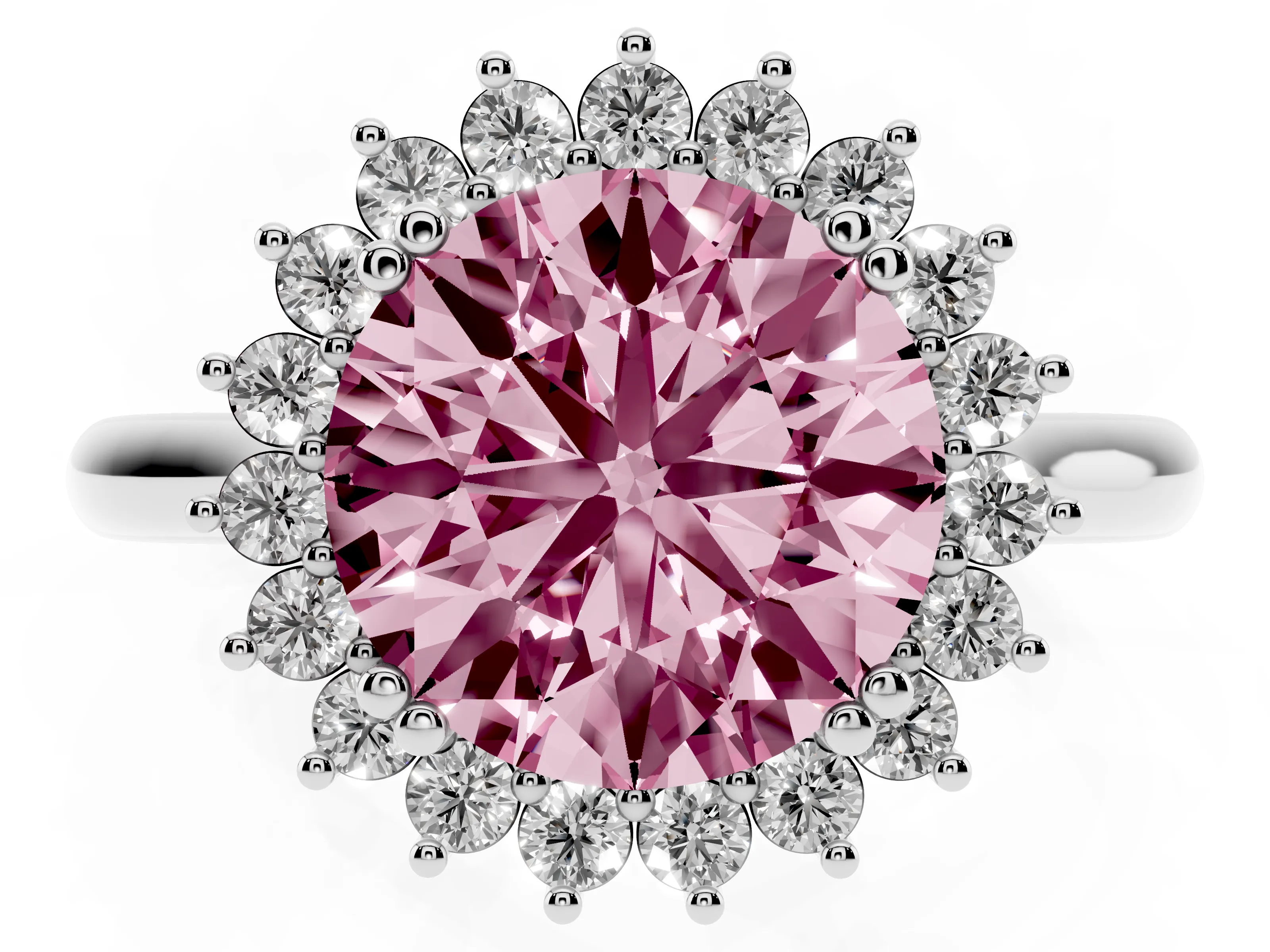 Fancy Pink Round Cut Diamond Halo Ring Set in White gold with Plain Solitaire Band and Prong Setting