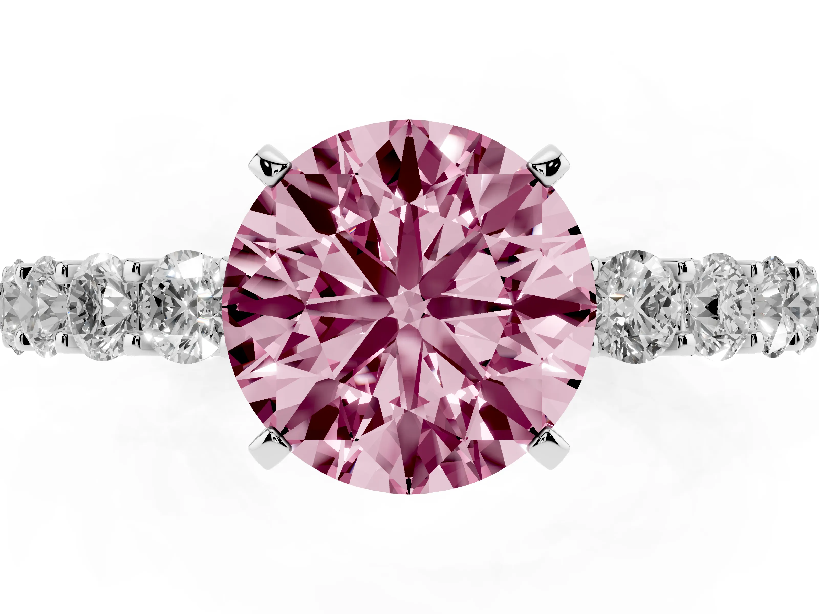 Fancy Pink Round Cut Diamond Solitaire Ring Set in Silver with Shared Prong Pavé Band