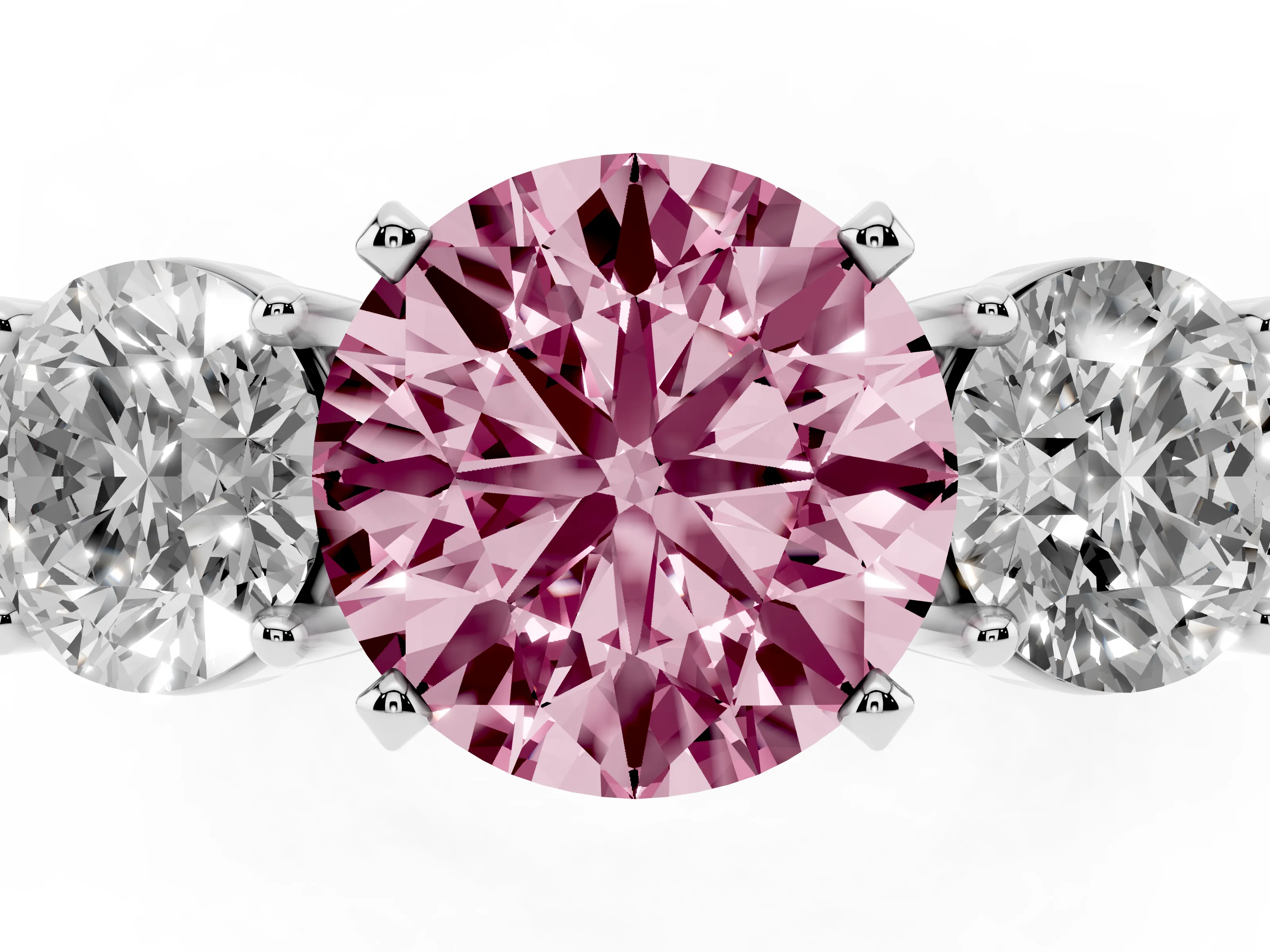 Fancy Pink Round Cut Diamond Three-Stone Ring Set in Silver with Round Side Stones and Classic Band