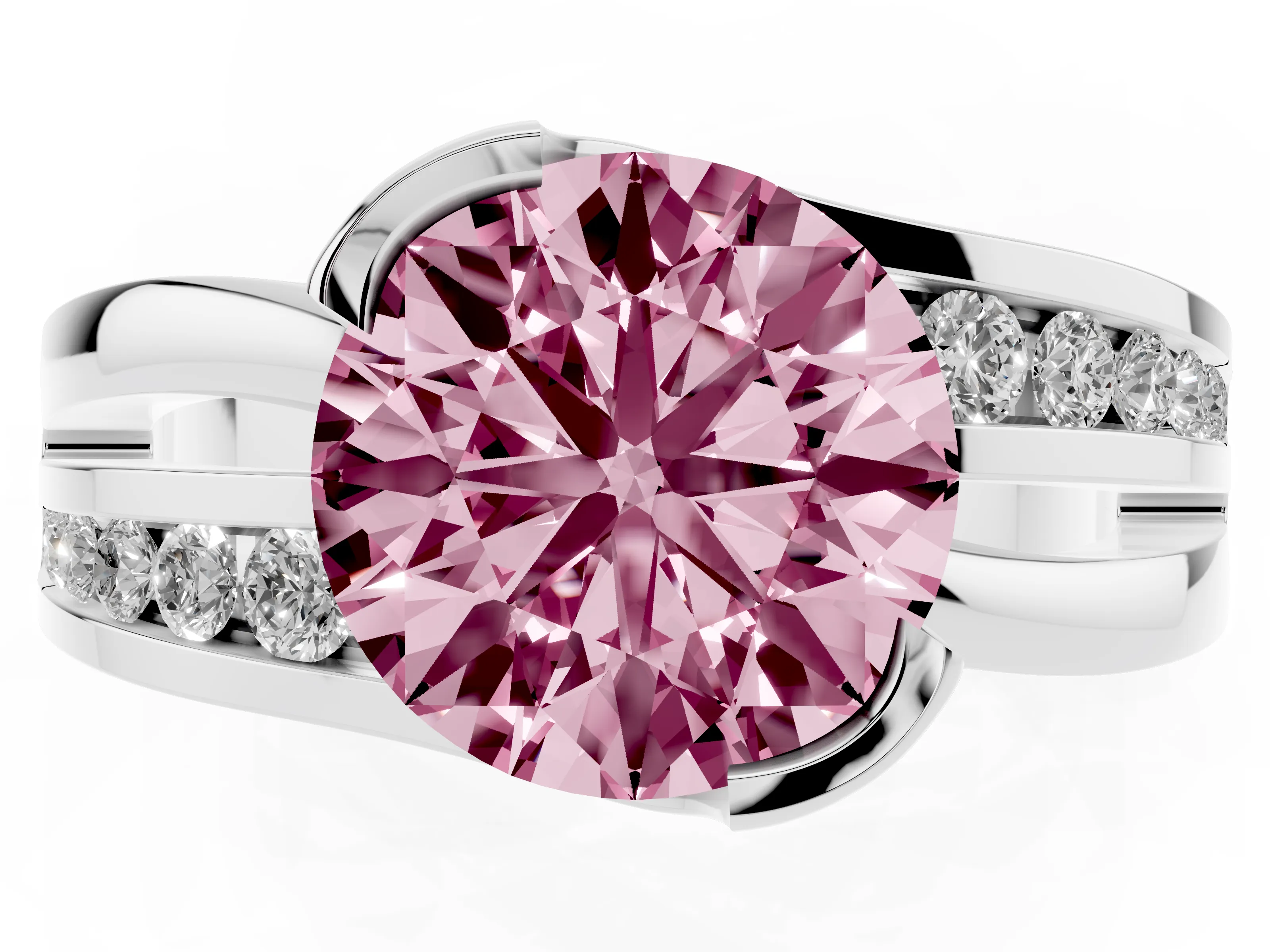 Fancy Pink Round Cut Diamond Solitaire Ring Set in Silver with Channel Set Split Shank and Tension Prongs