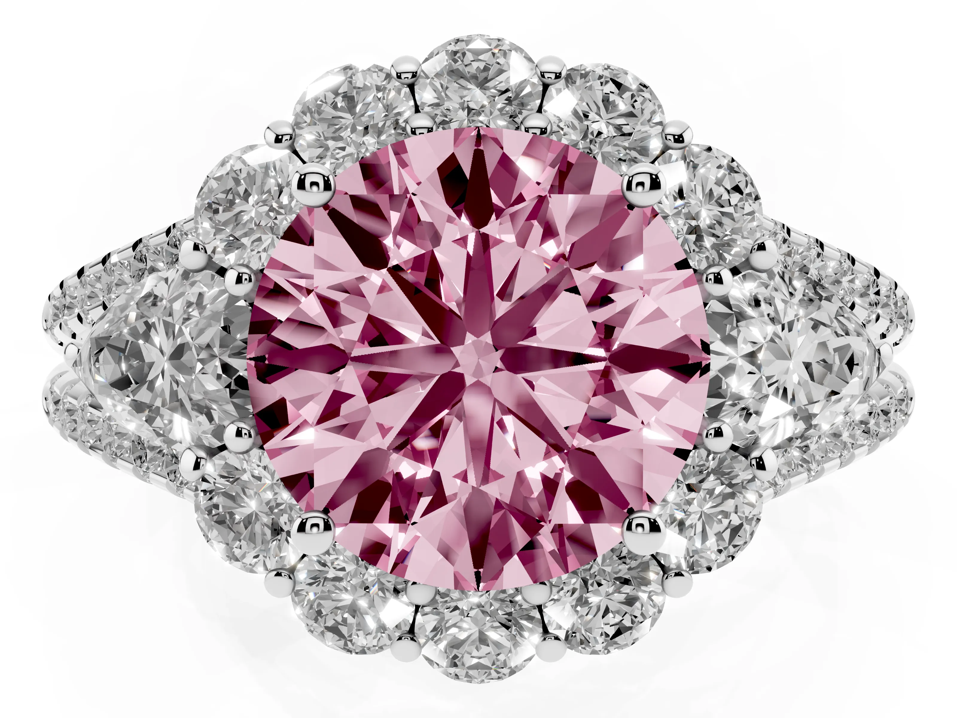 Fancy Pink Round Cut Diamond Halo Split Shank Engagement Ring Set in Platinum with Prong-Held Center Stone