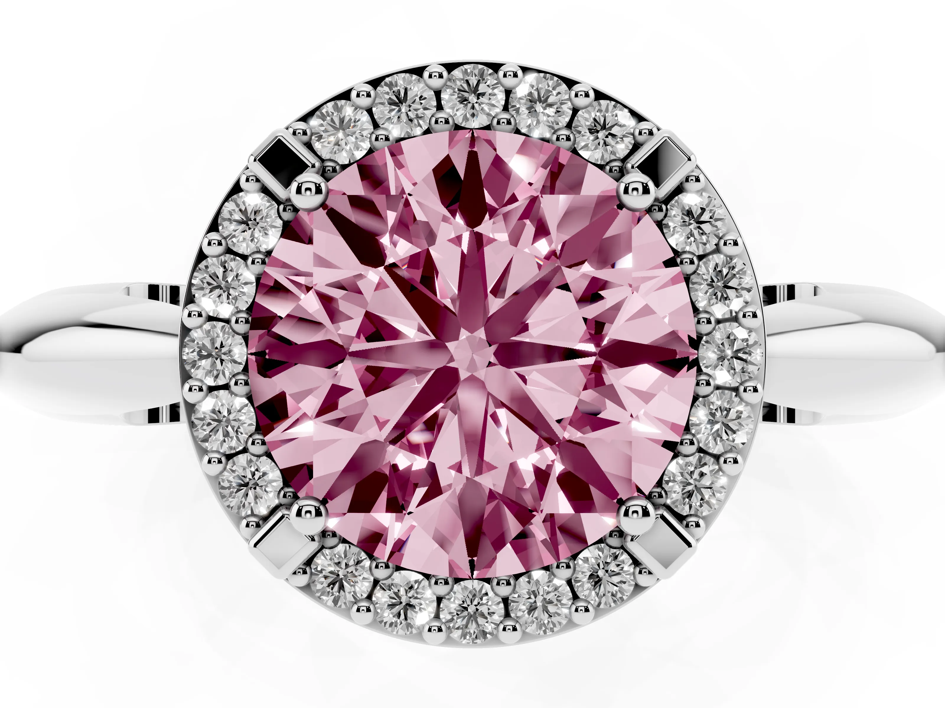Fancy Pink Round Cut Diamond Halo Engagement Ring Set in Platinum with Plain Split Shank and Prong Setting