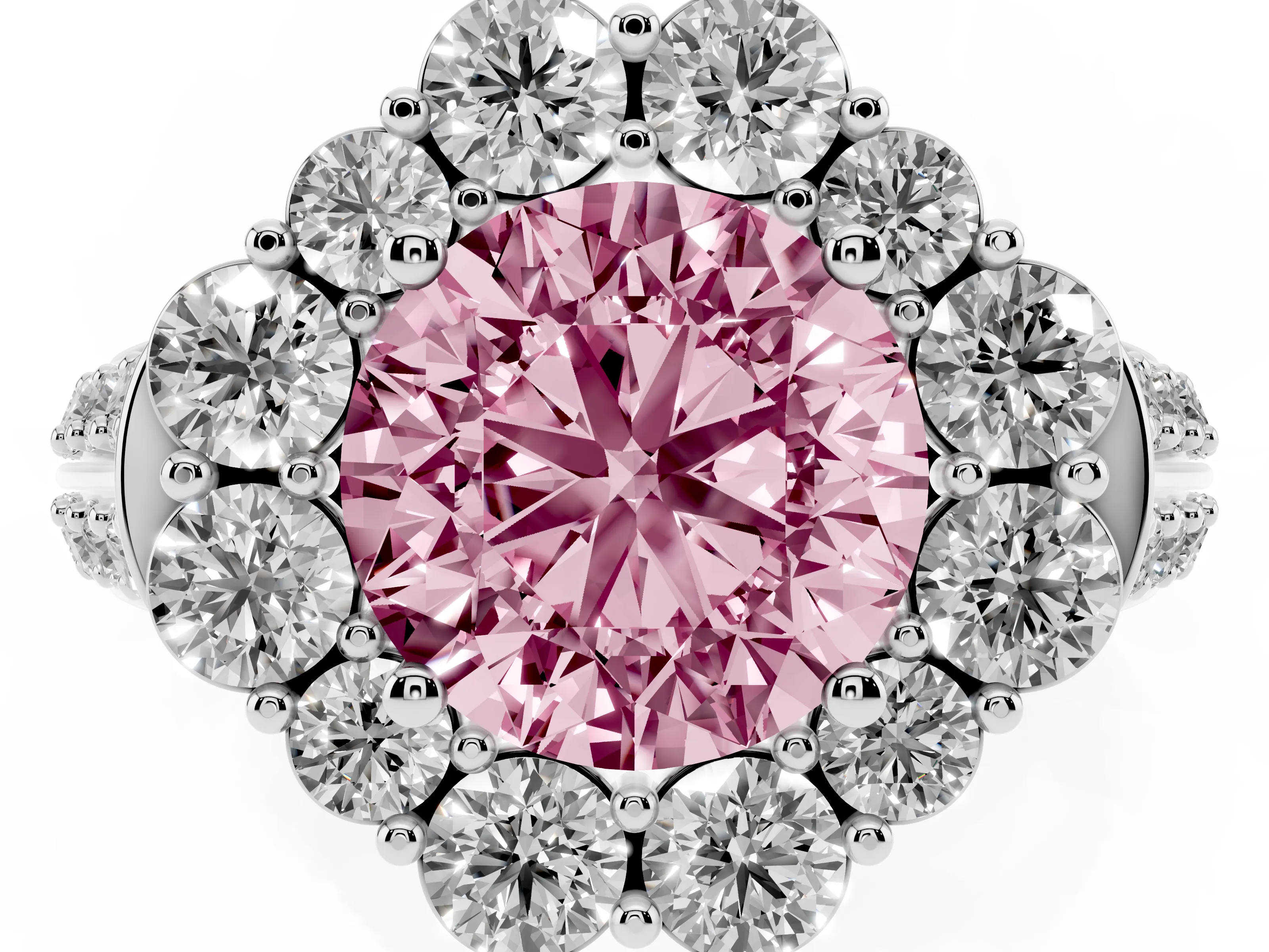 Fancy Pink Round Cut Diamond Halo Engagement Ring Set in Platinum with Split Shank and Prong Setting