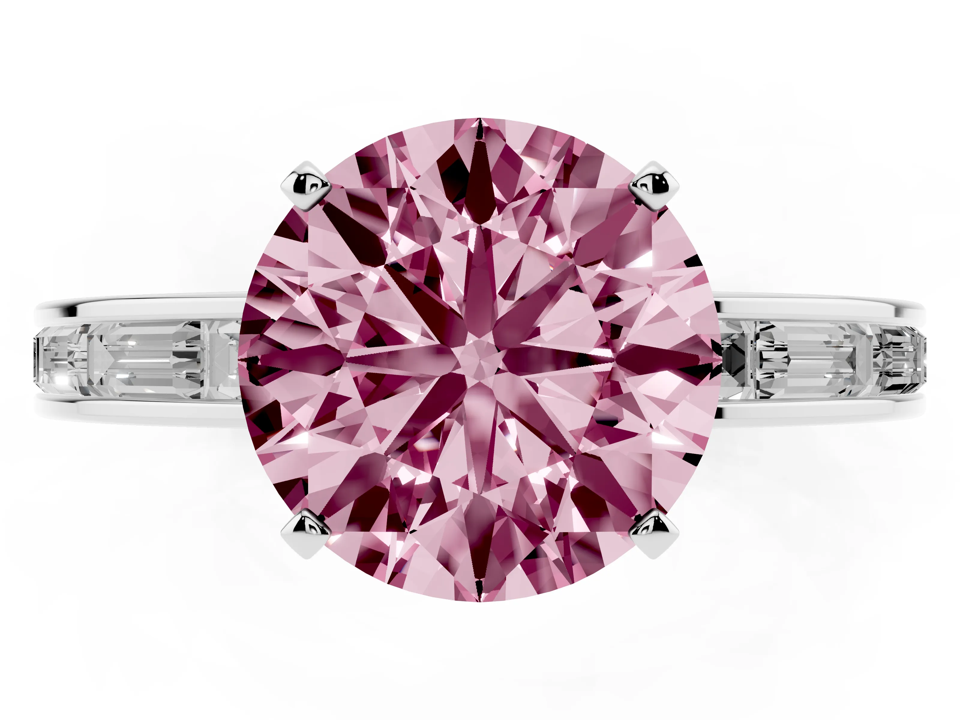 Fancy Pink Round Cut Diamond Solitaire Ring Set in Silver with Channel-Set Baguette Band and Prong Setting