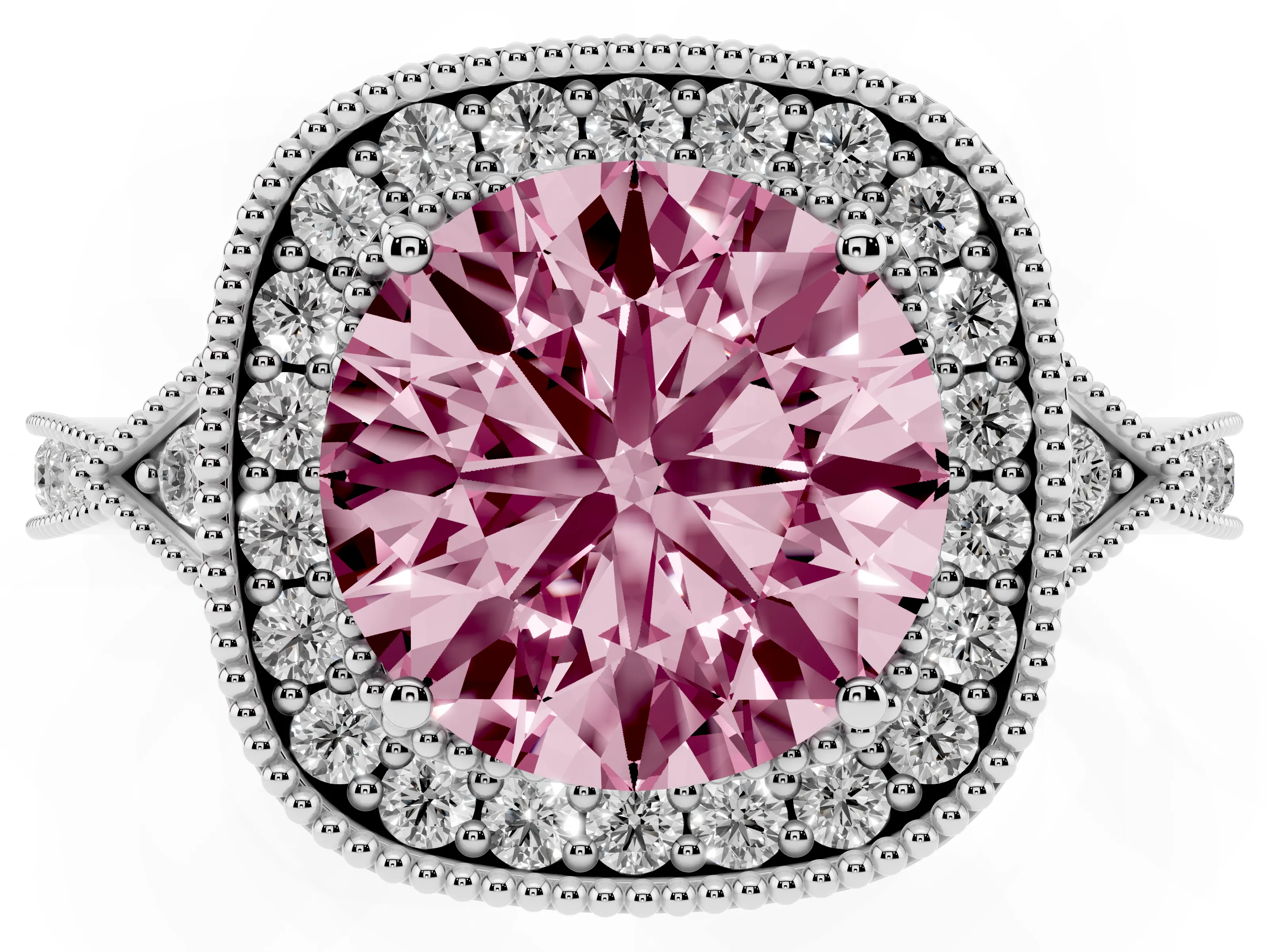 Fancy Pink Round Cut Diamond Halo Engagement Ring Set in White gold with Milgrain Pavé Band