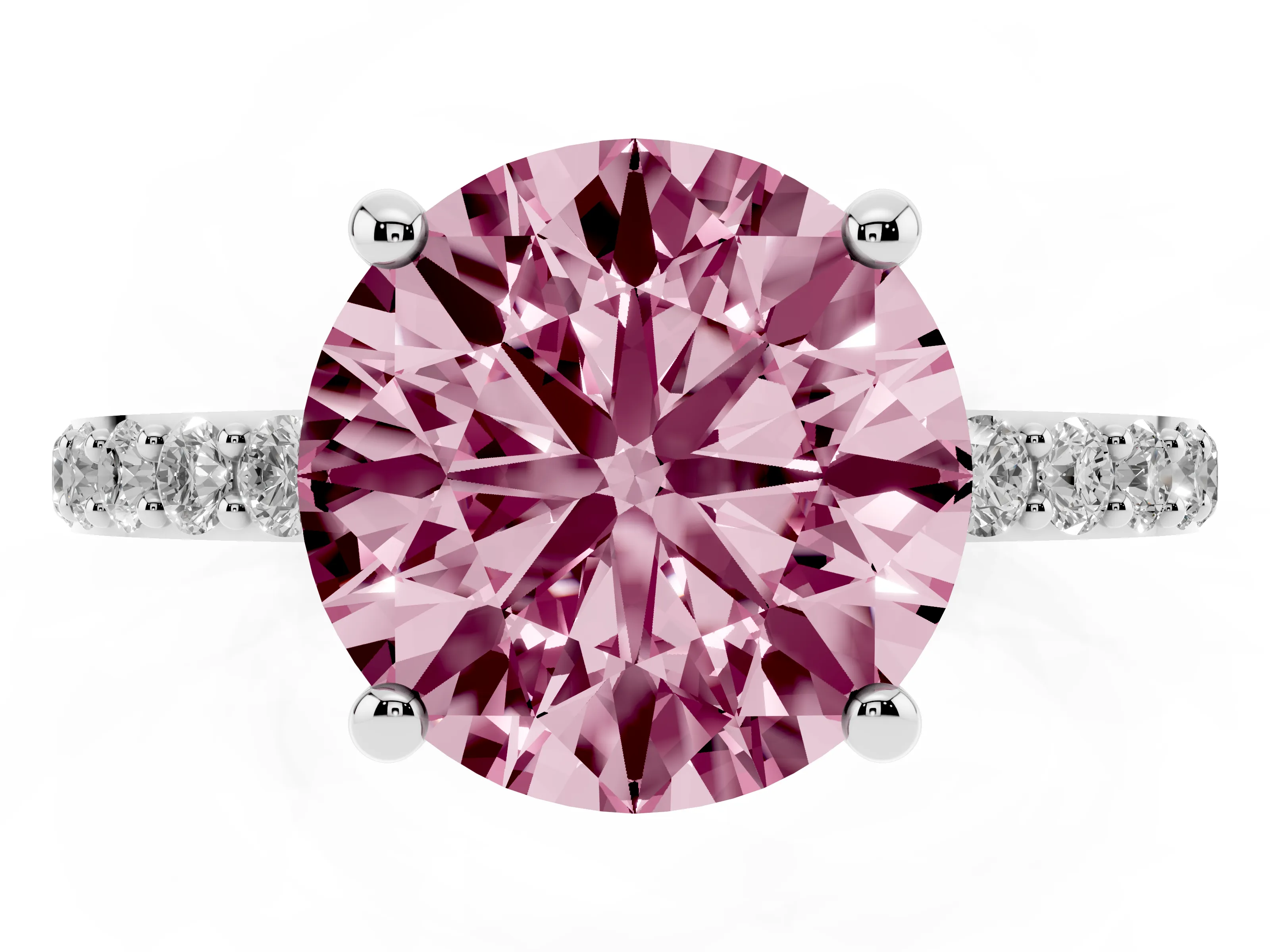 Fancy Pink Round Cut Diamond Solitaire Ring Set in Platinum with Round Pavé Band and Prong Setting