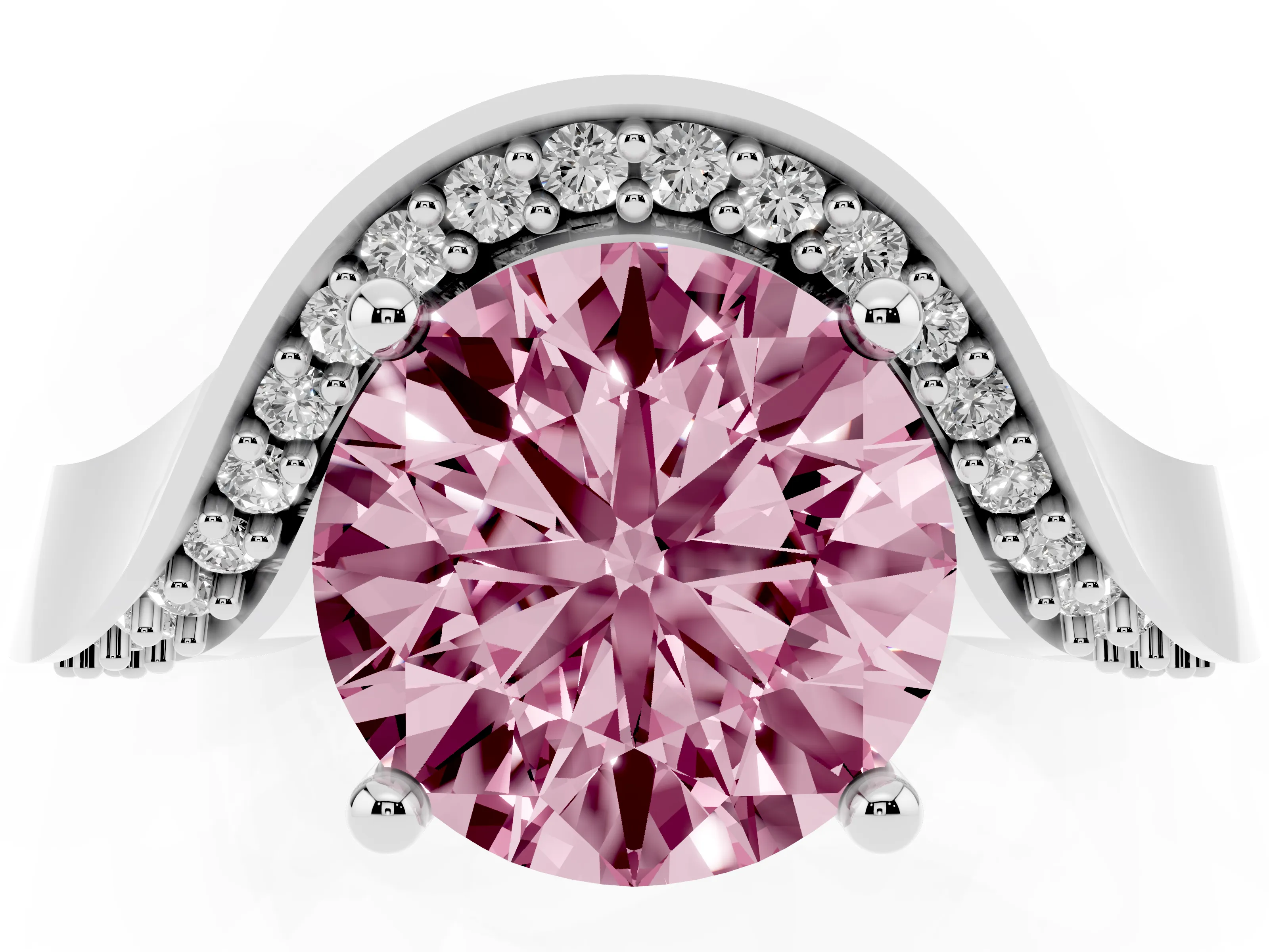 Fancy Pink Round Cut Diamond Solitaire Engagement Ring Set in White gold with Pavé Shoulders