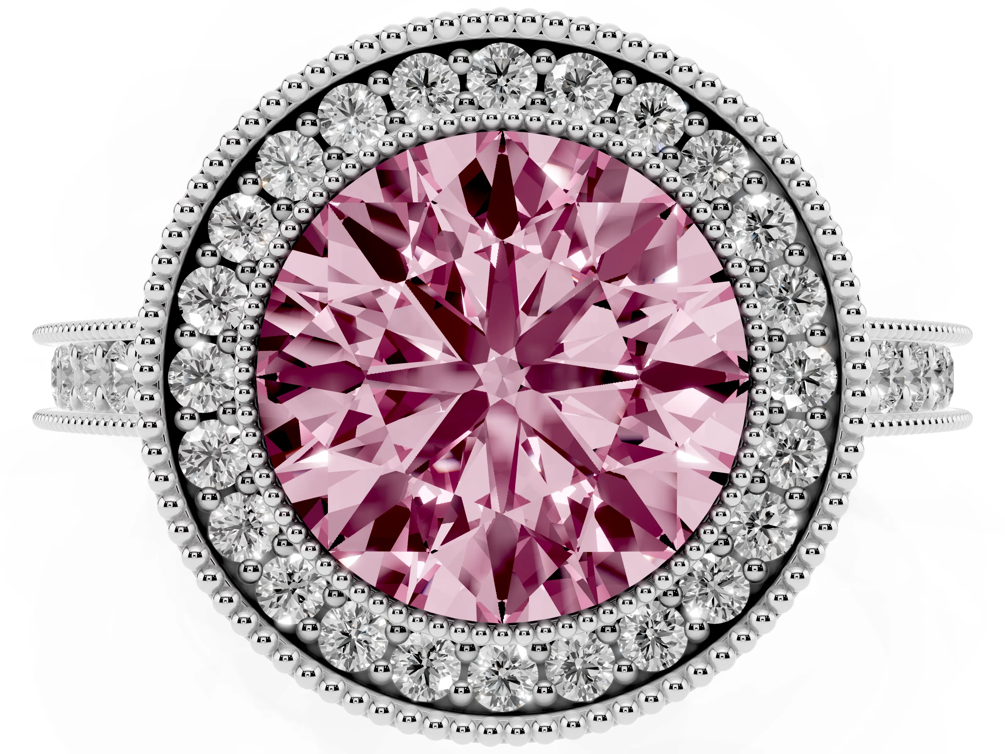 Fancy Pink Round Cut Diamond Halo Milgrain Pavé Band Ring Set in Platinum with Prong Setting