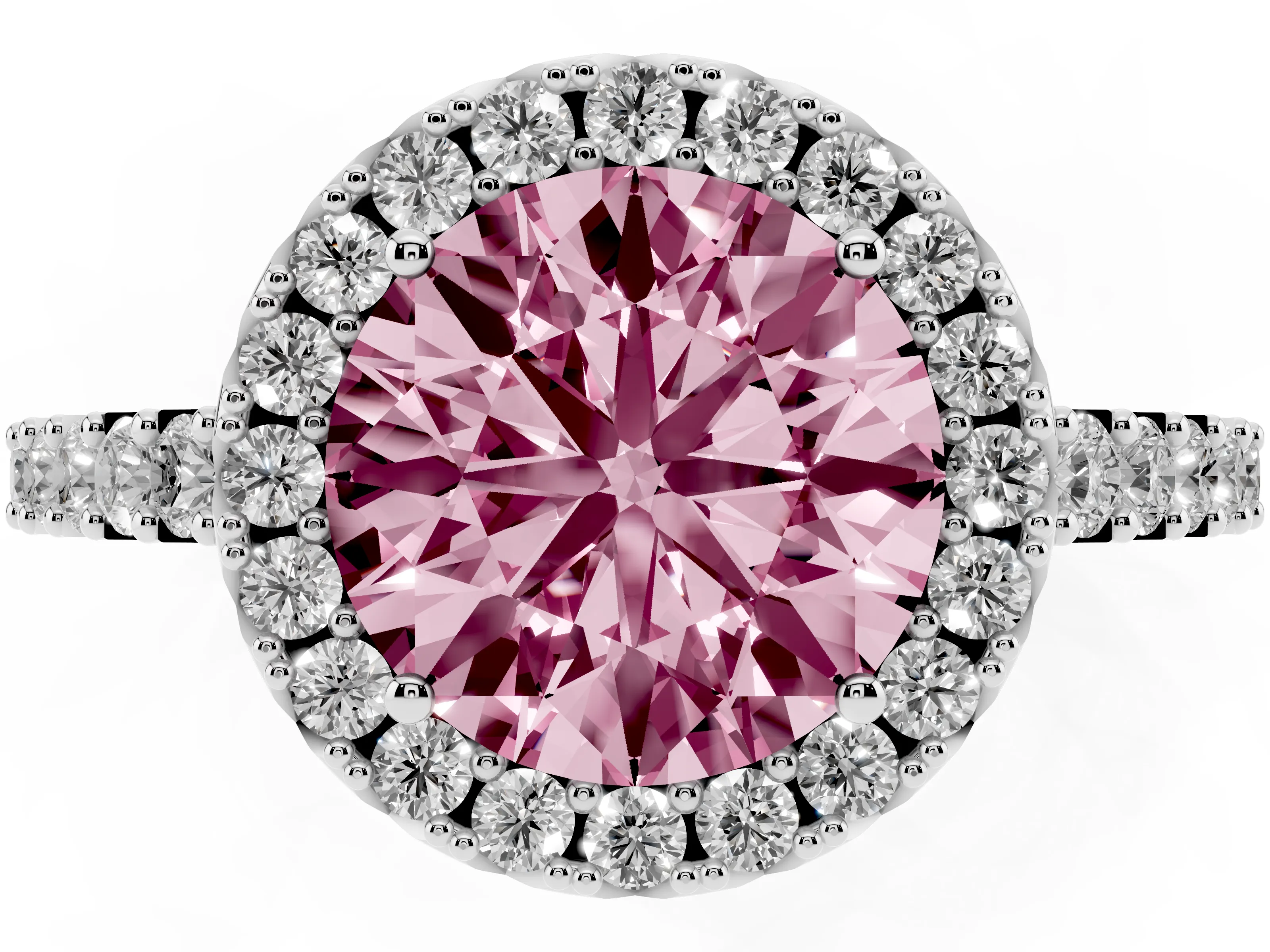 Fancy Pink Round Cut Diamond Halo Pavé Solitaire Ring Set in Silver with Prong-Set Center Stone