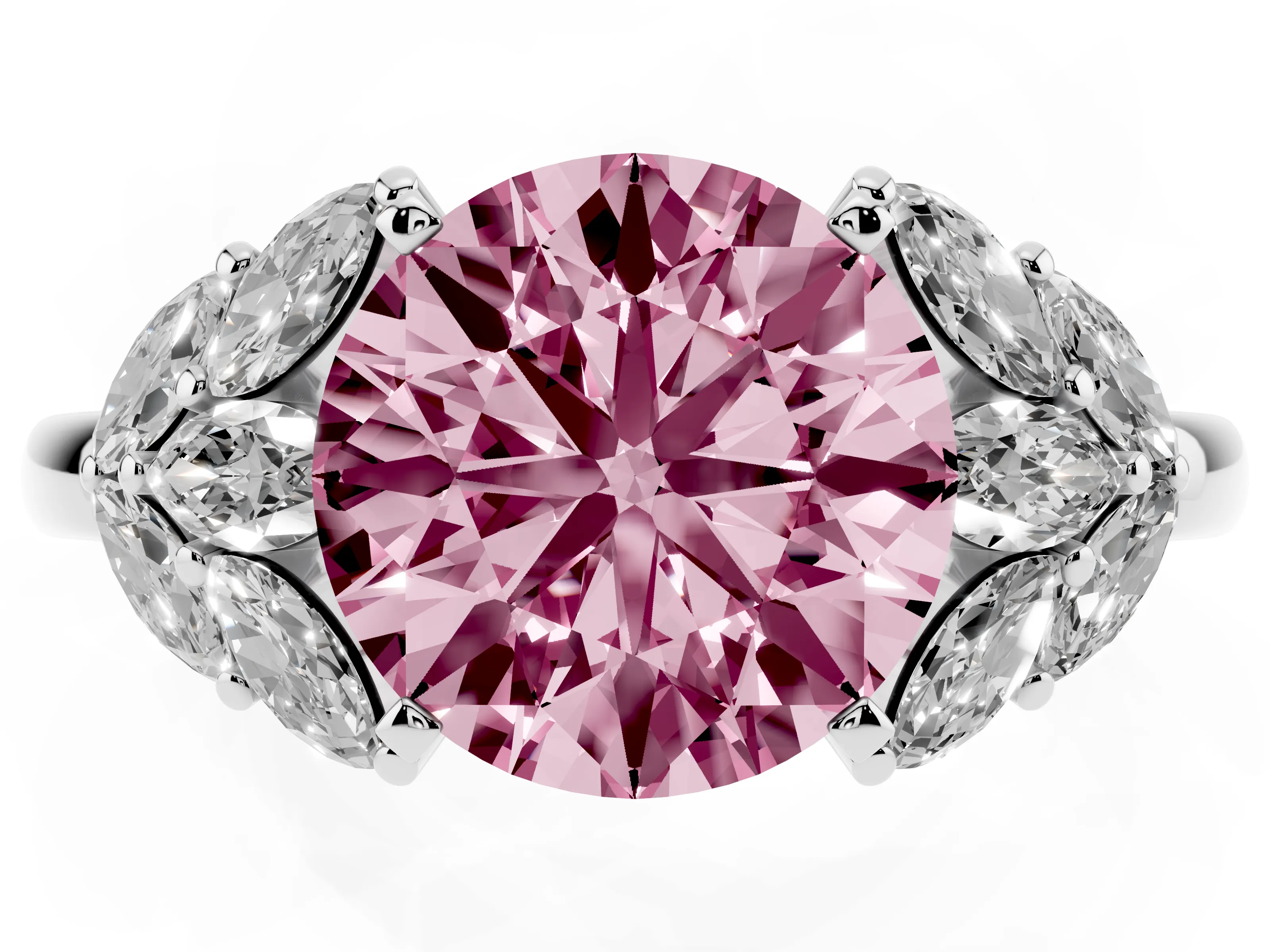 Fancy Pink Round Cut Diamond Cluster Leaf Design Ring Set in Platinum with Prong Setting