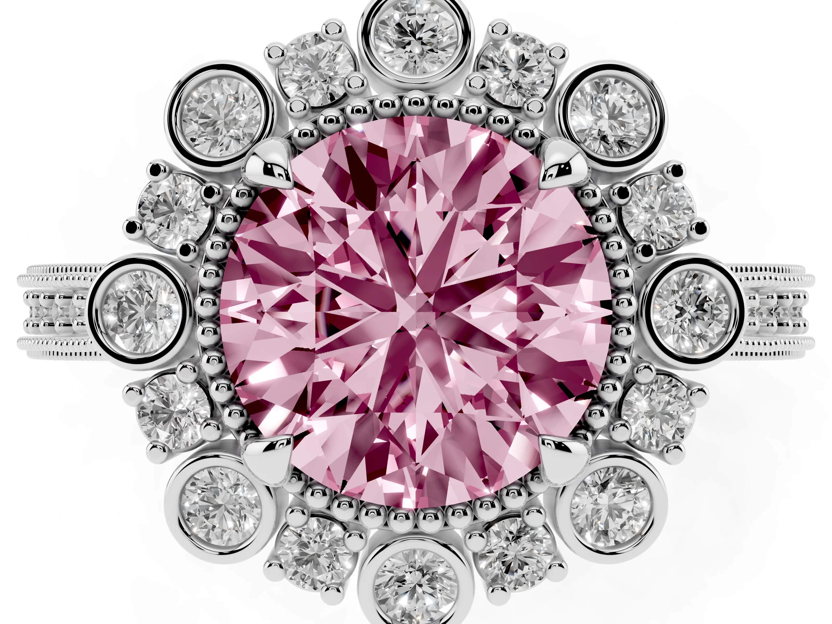 Fancy Pink Round Cut Diamond Halo Milgrain Pavé Ring Set in White gold with Prong Setting