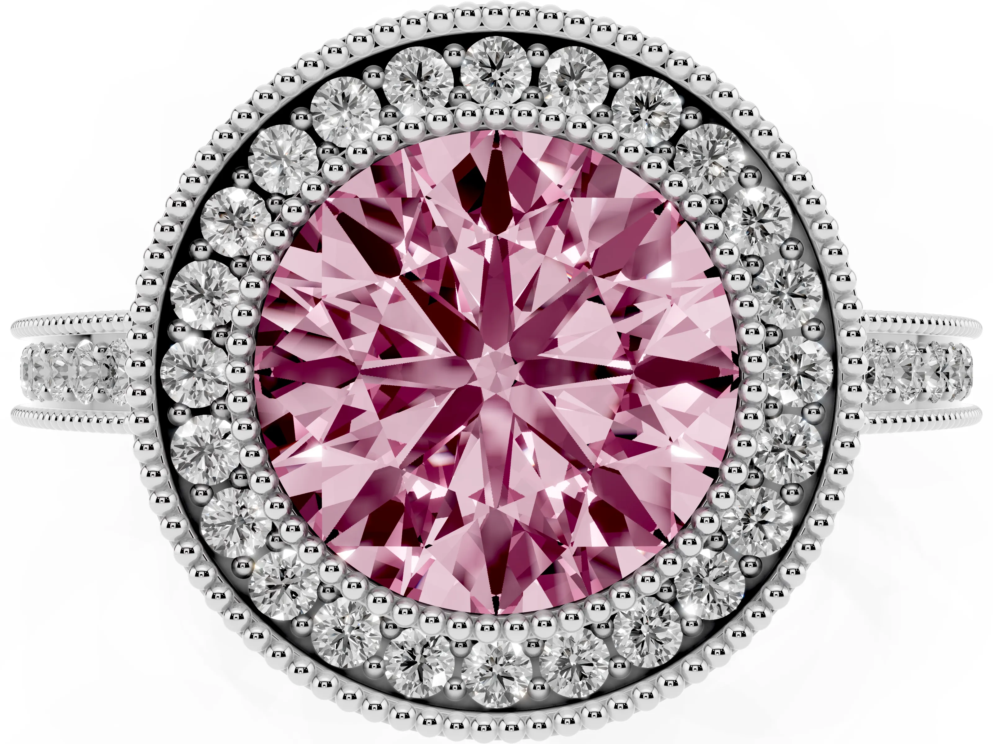 Fancy Pink Round Cut Diamond Halo Ring Set in Platinum with Pavé Band and Milgrain-Edged Prongs