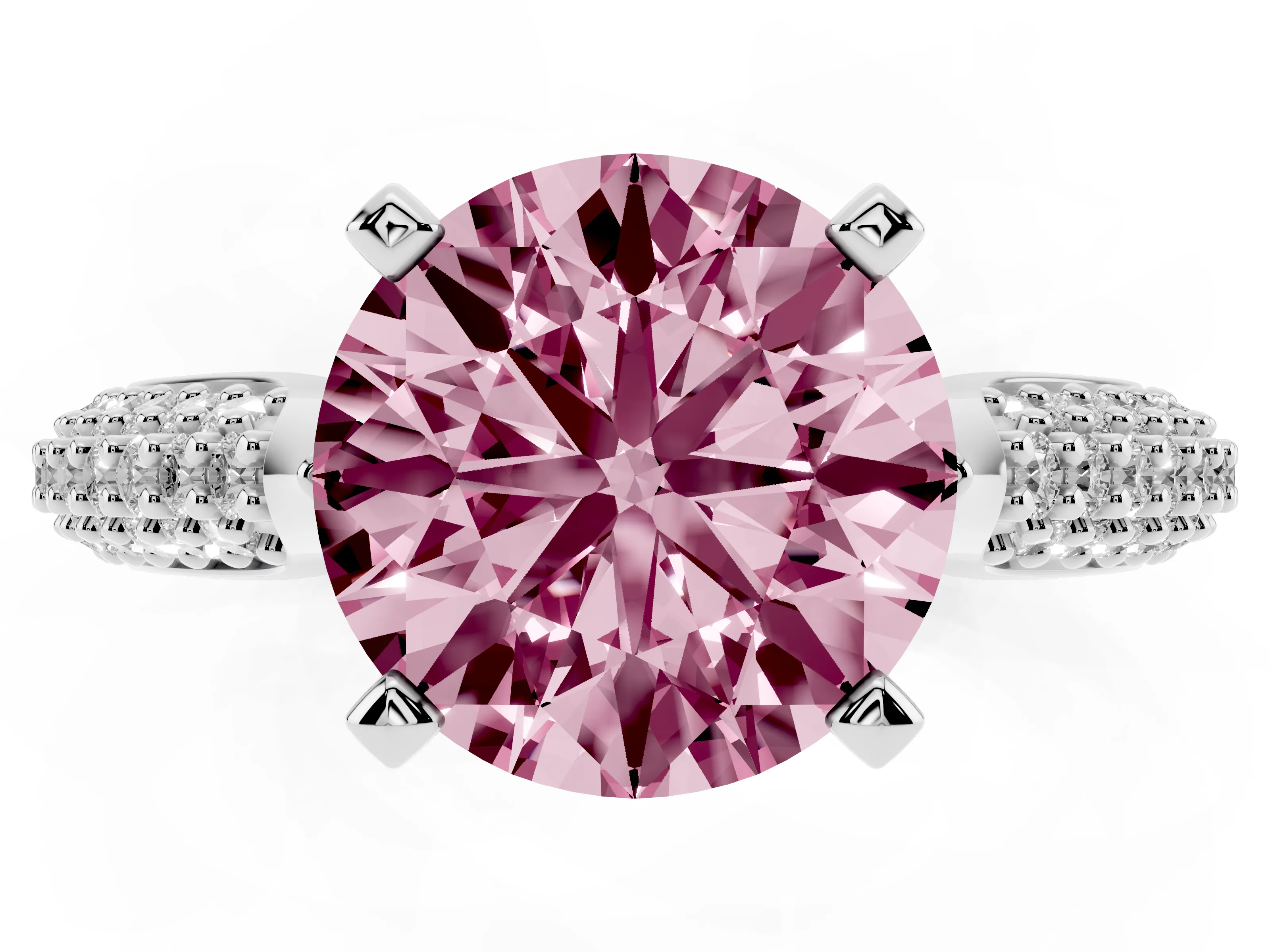 Fancy Pink Round Cut Diamond Solitaire Engagement Ring Set in Platinum with Multi-Row Round Pavé Band and Prong Setting