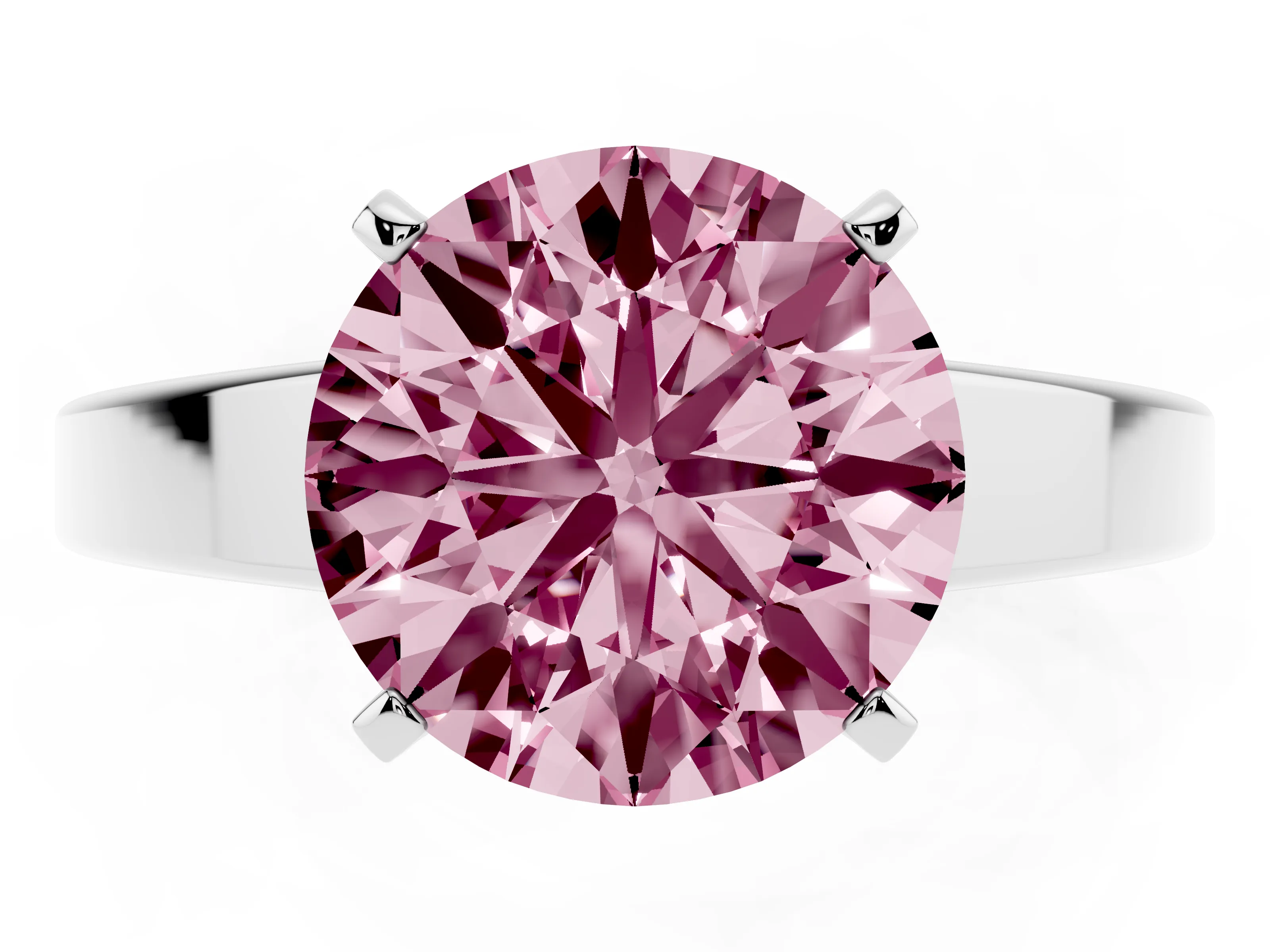 Fancy Pink Round Cut Diamond Solitaire Engagement Ring Set in White gold with Prong Setting and Tapered Band