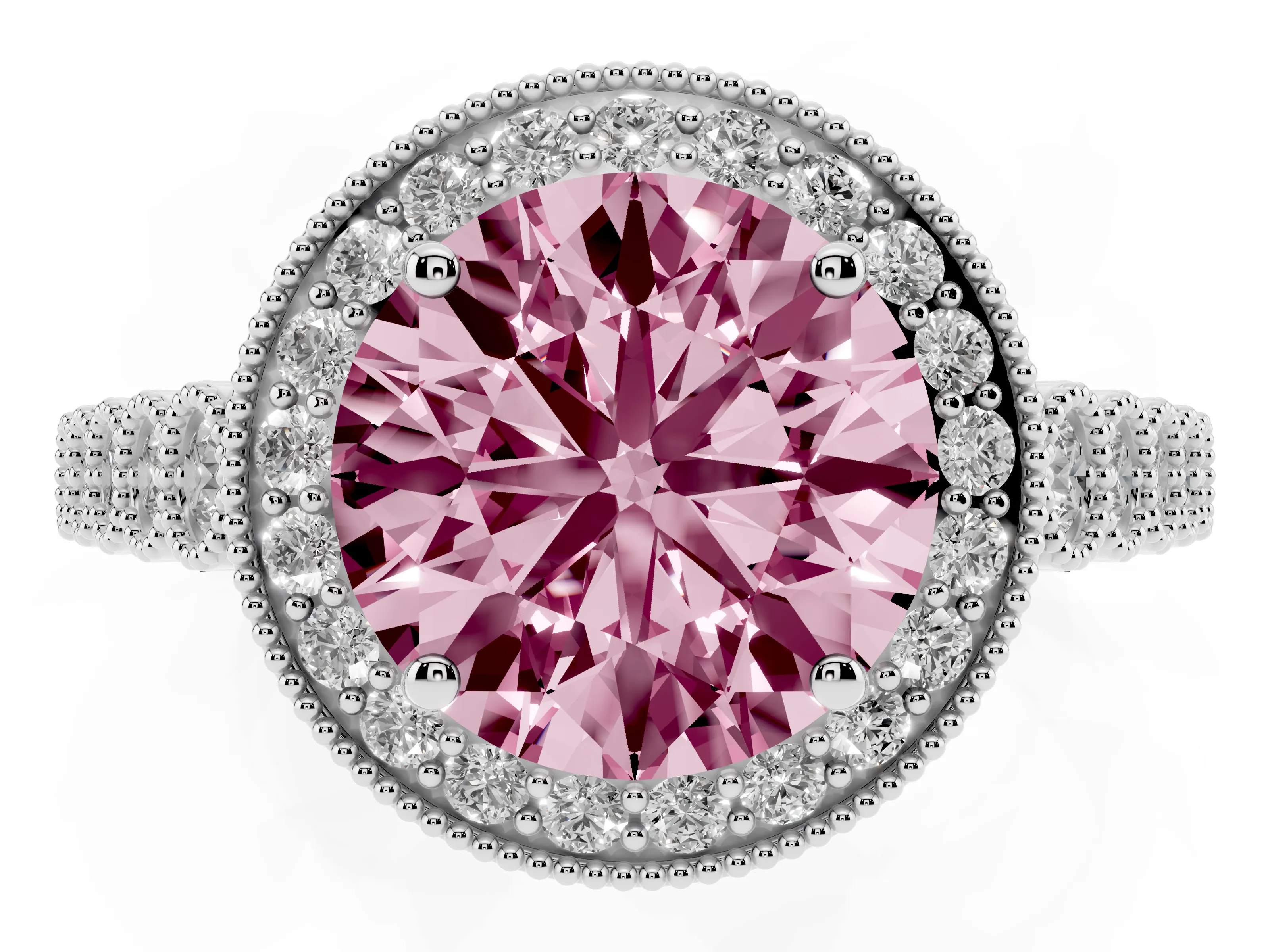 Fancy Pink Round Cut Diamond Milgrain Halo Solitaire Ring Set in Silver with Bezel Set Side Stones and Pavé Band