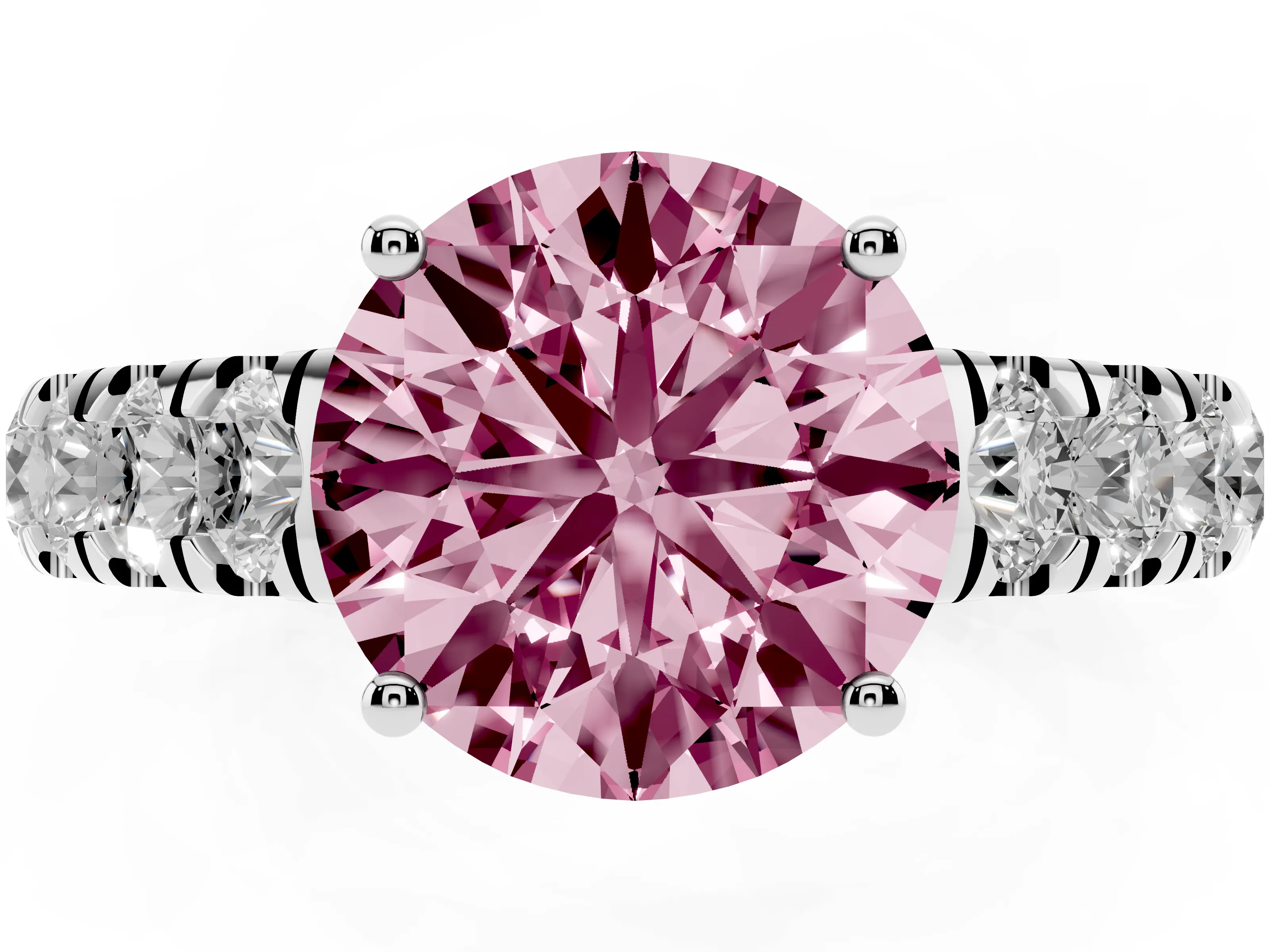 Fancy Pink Round Cut Diamond Solitaire Ring Set in Platinum with Cut-Down Micro Pavé Band and Prong Setting