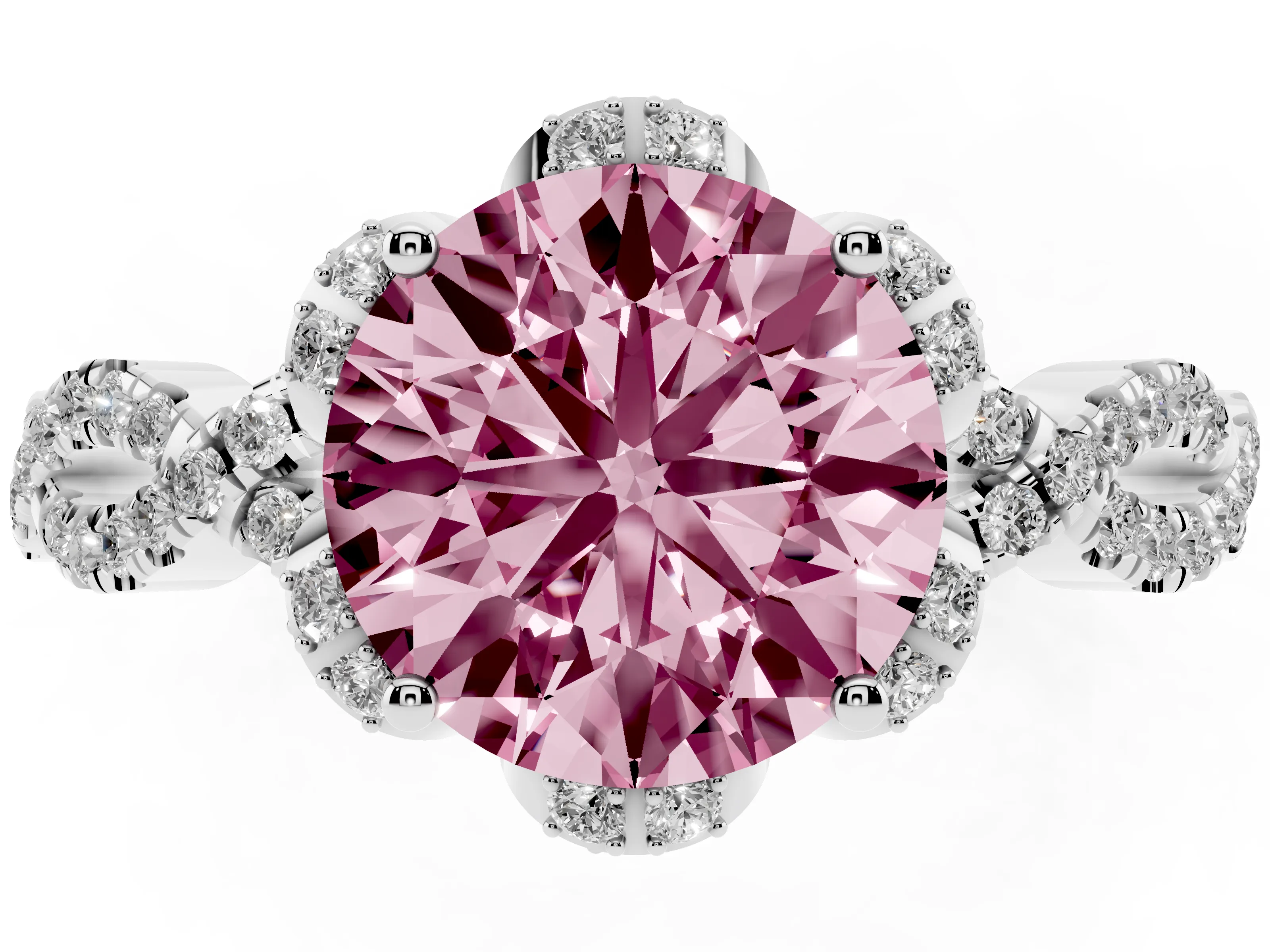Fancy Pink Round Cut Diamond Halo Twist Band Solitaire Ring Set in White gold with Prong-Set Center Stone