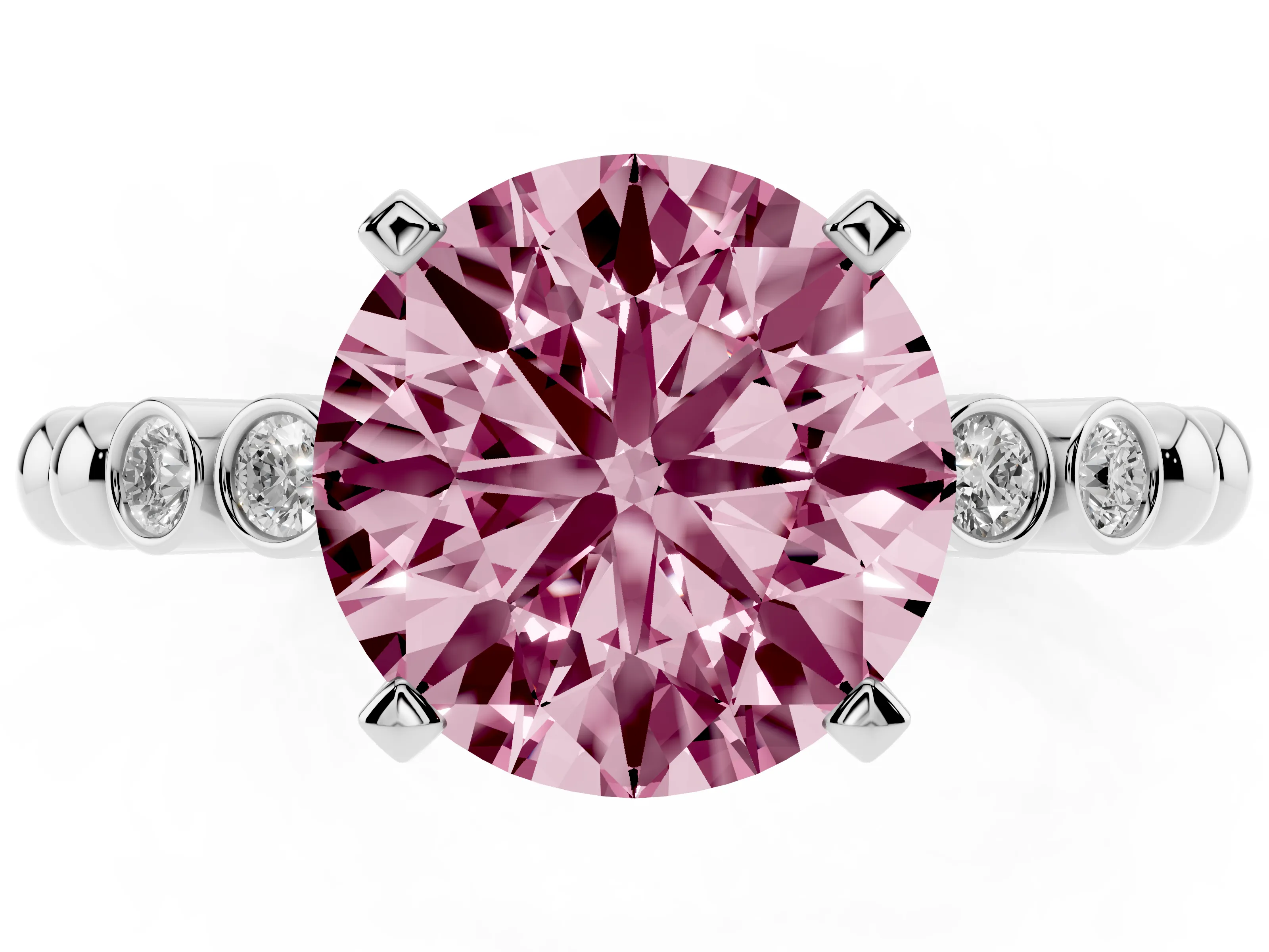 Fancy Pink Round Cut Diamond Solitaire Engagement Ring Set in Platinum with Bezel Accents on Beaded Band