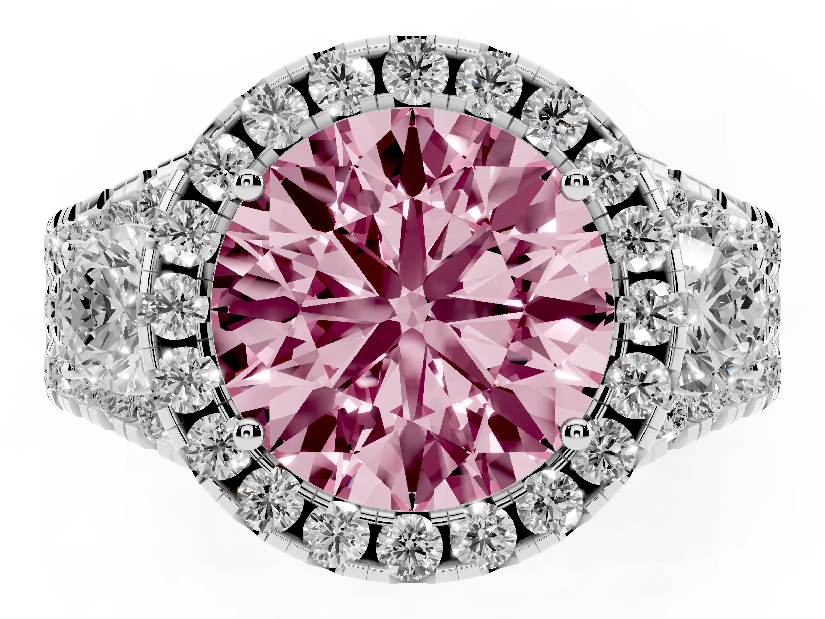 Fancy Pink Round Cut Diamond Halo Split Shank Ring Set in White gold with Round Accent Stones and Prong Setting