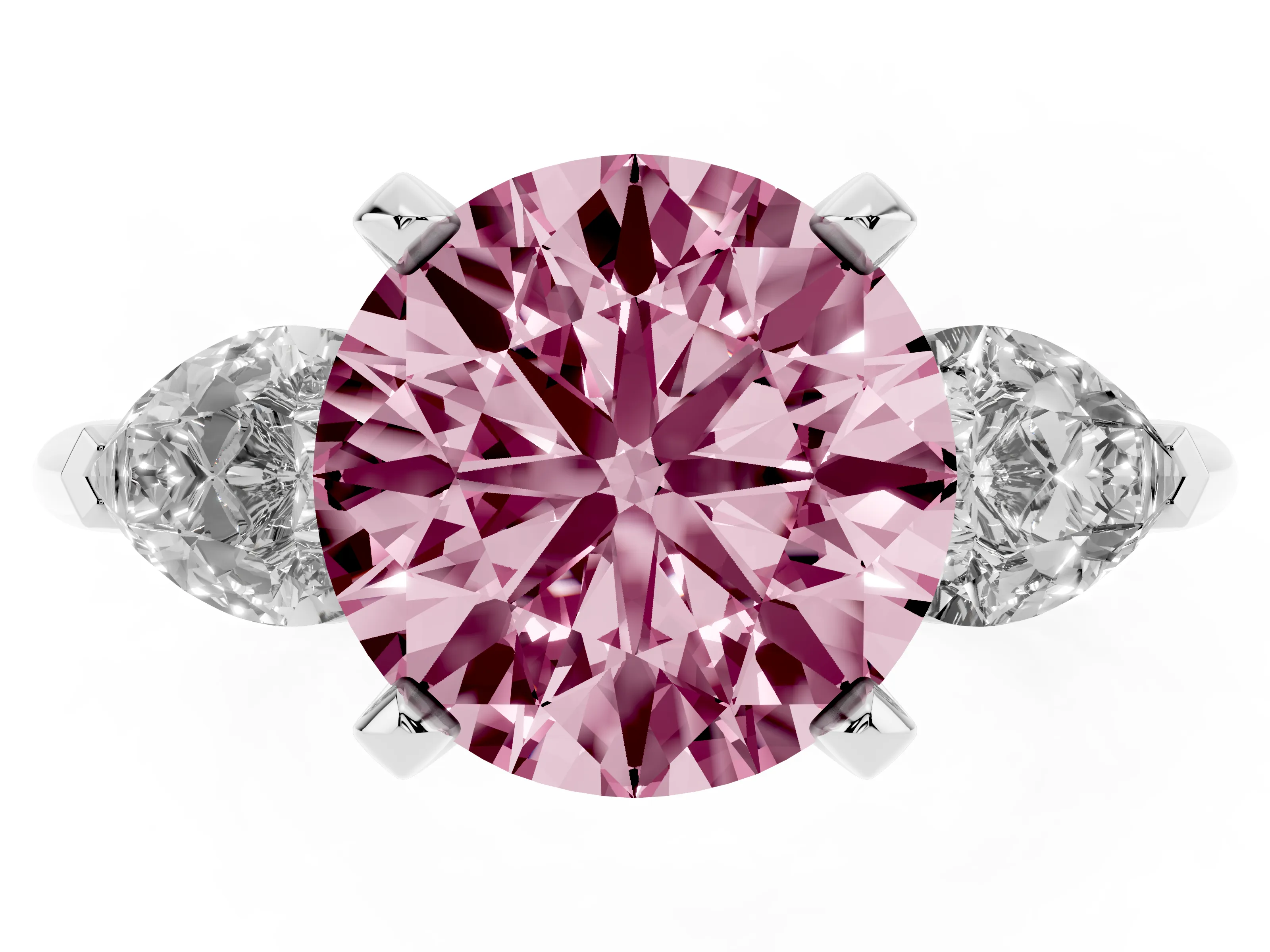 Fancy Pink Three-Stone Round Cut Diamond Ring Set in Silver with Pear Side Stones and Prong Setting
