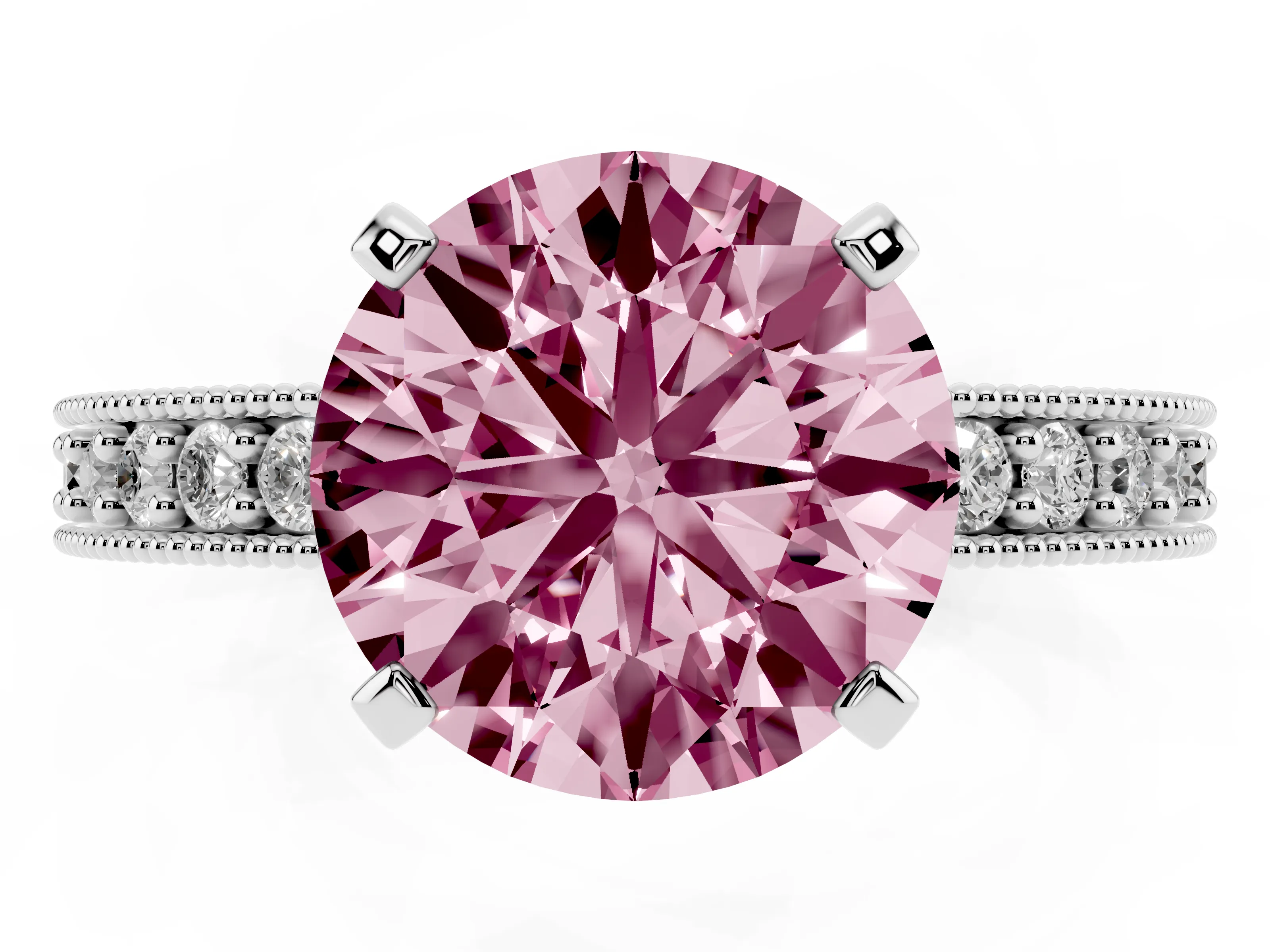 Fancy Pink Round Cut Diamond Milgrain Pavé Engagement Ring Set in Platinum with Prong Setting