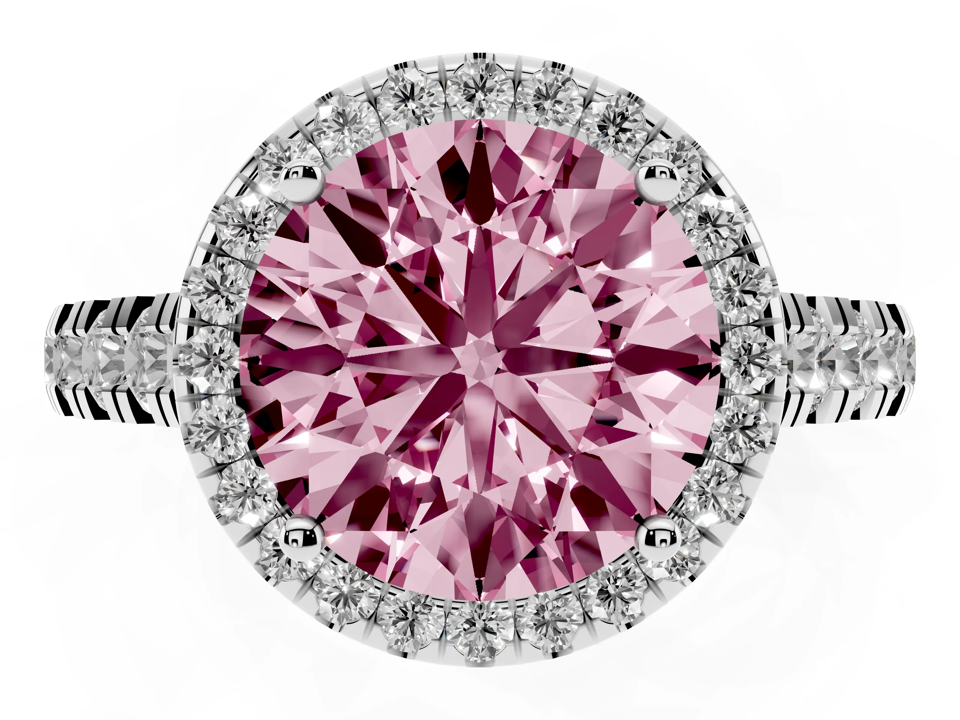 Fancy Pink Round Cut Diamond Halo Engagement Ring Set in Platinum with Pavé Band and Prong-Set Center