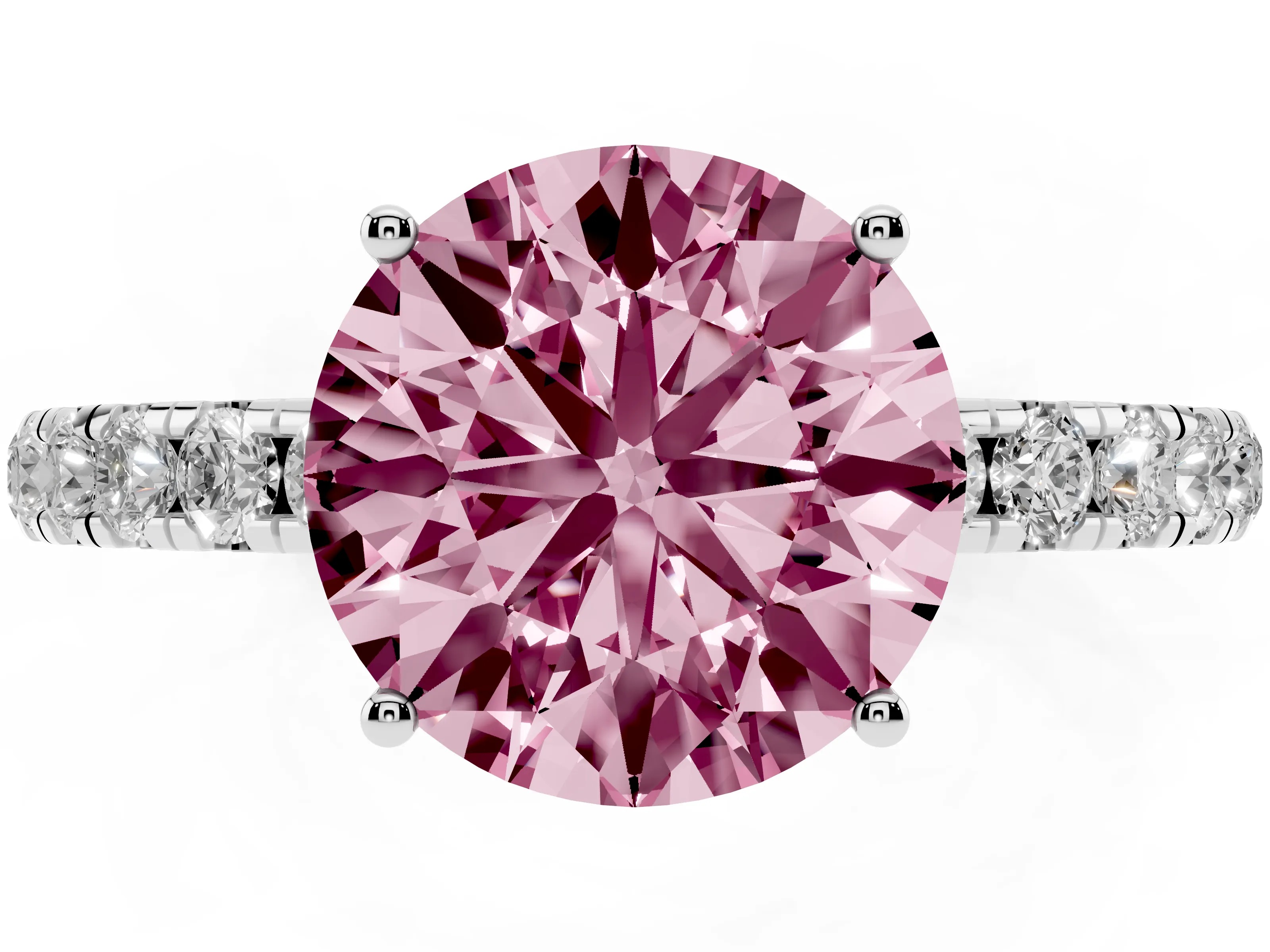 Fancy Pink Round Cut Diamond Pavé Solitaire Engagement Ring Set in White gold with Prong Setting